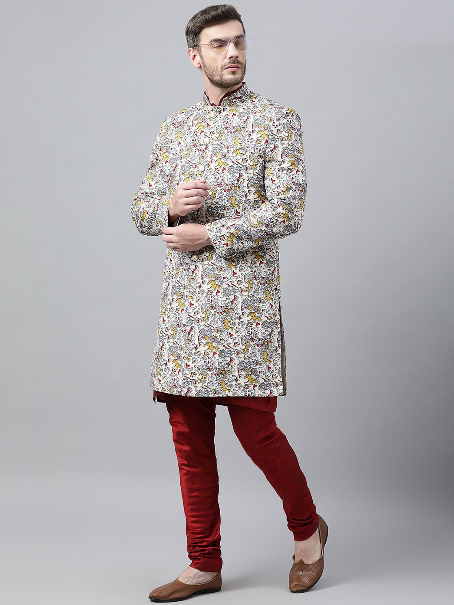 Hangup Multicolor Regular Fit Printed Sherwani Set