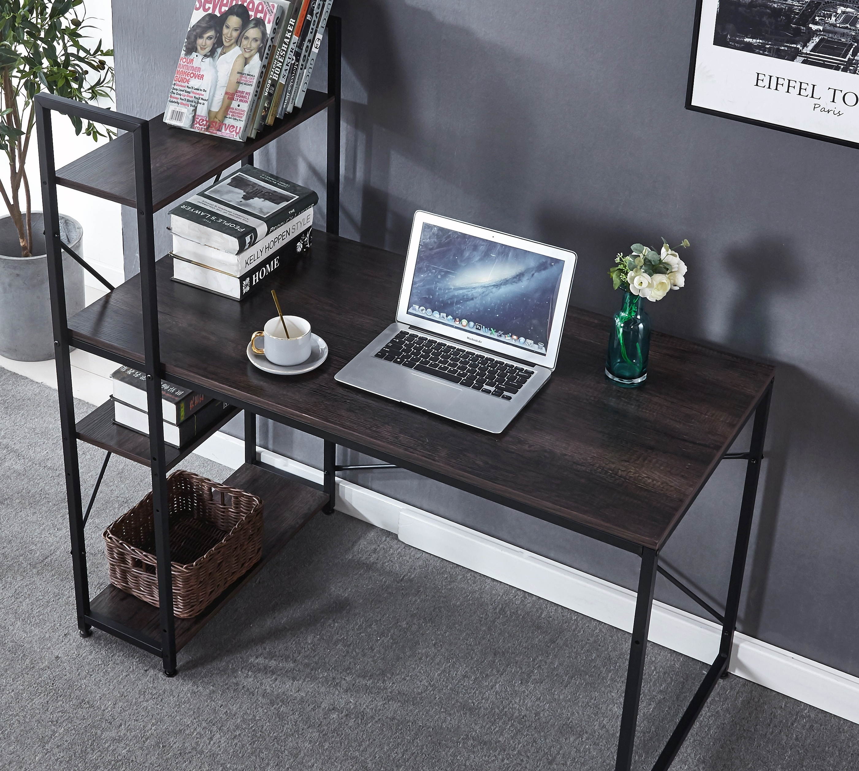 Computer Desk 47 inch with Storage Shelves Study Writing Table for Home Office,Modern Simple Style, Black
