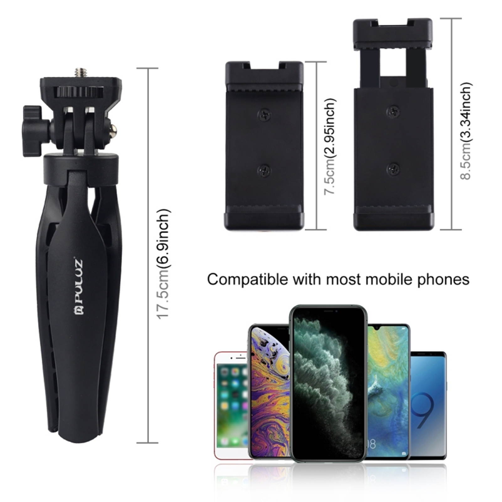 PULUZ Desk Plastic Tripod Mount with Phone Clamp & Adjusting Tripod Head for Mobile Phone Active Cameras