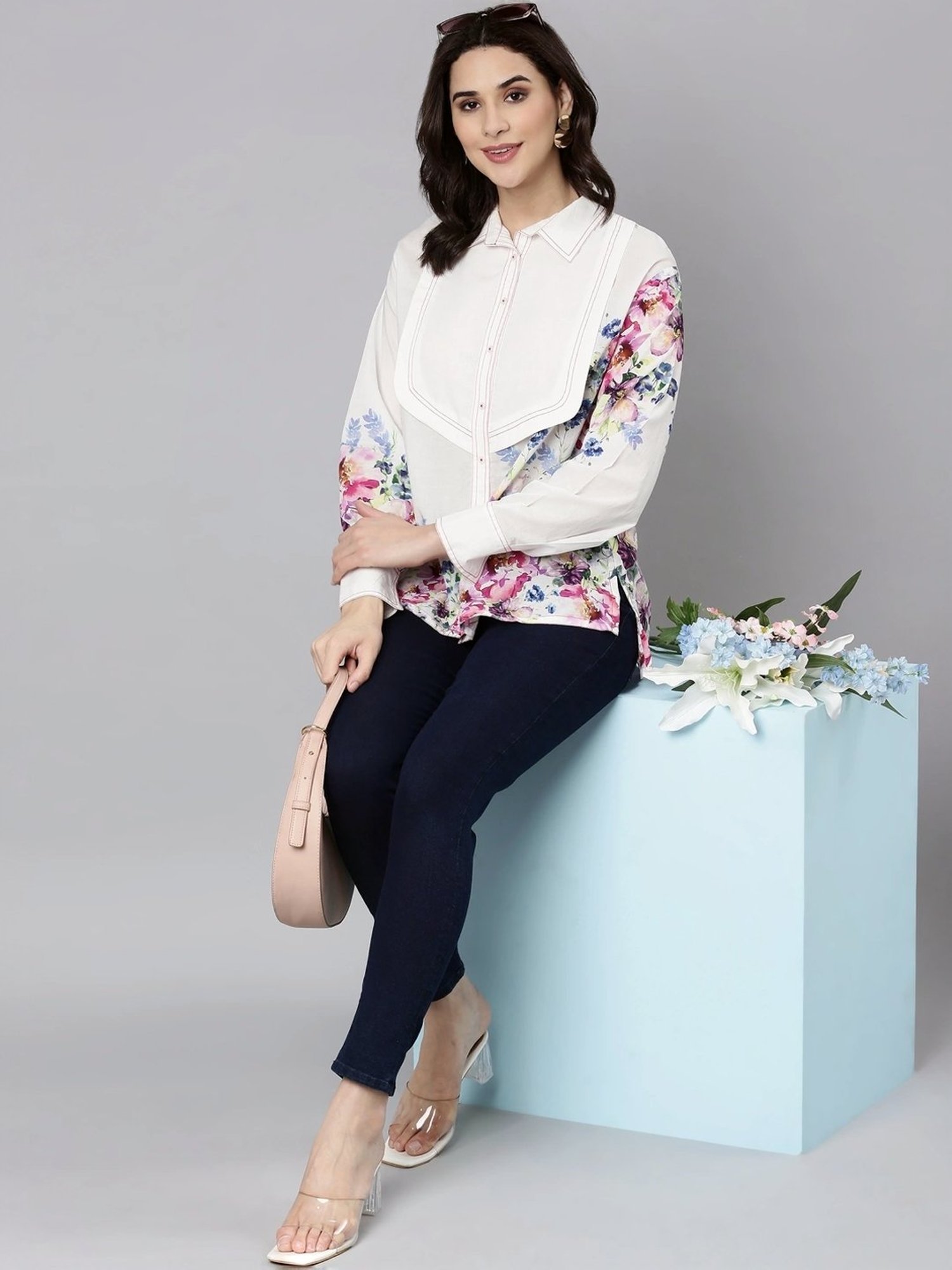 Zolo Label White Cotton Floral Print Shirt