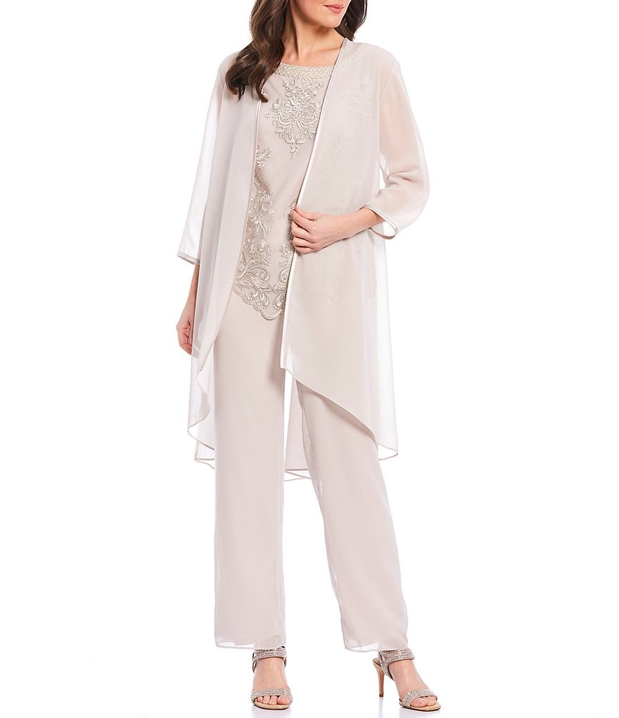 Le Bos Embroidered Mesh Georgette 3-Piece Duster Pant Set