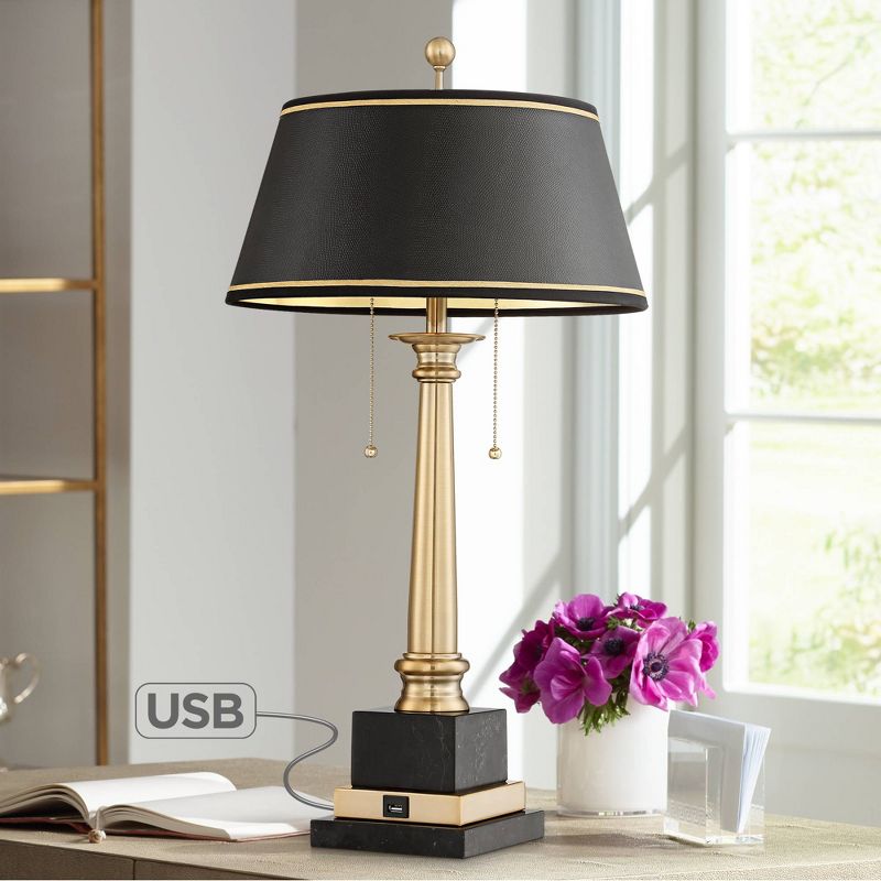 Barnes and Ivy Traditional Desk Table Lamp with USB Charging Port Warm Brass Black Shade for Living Room Bedroom Bedside Office