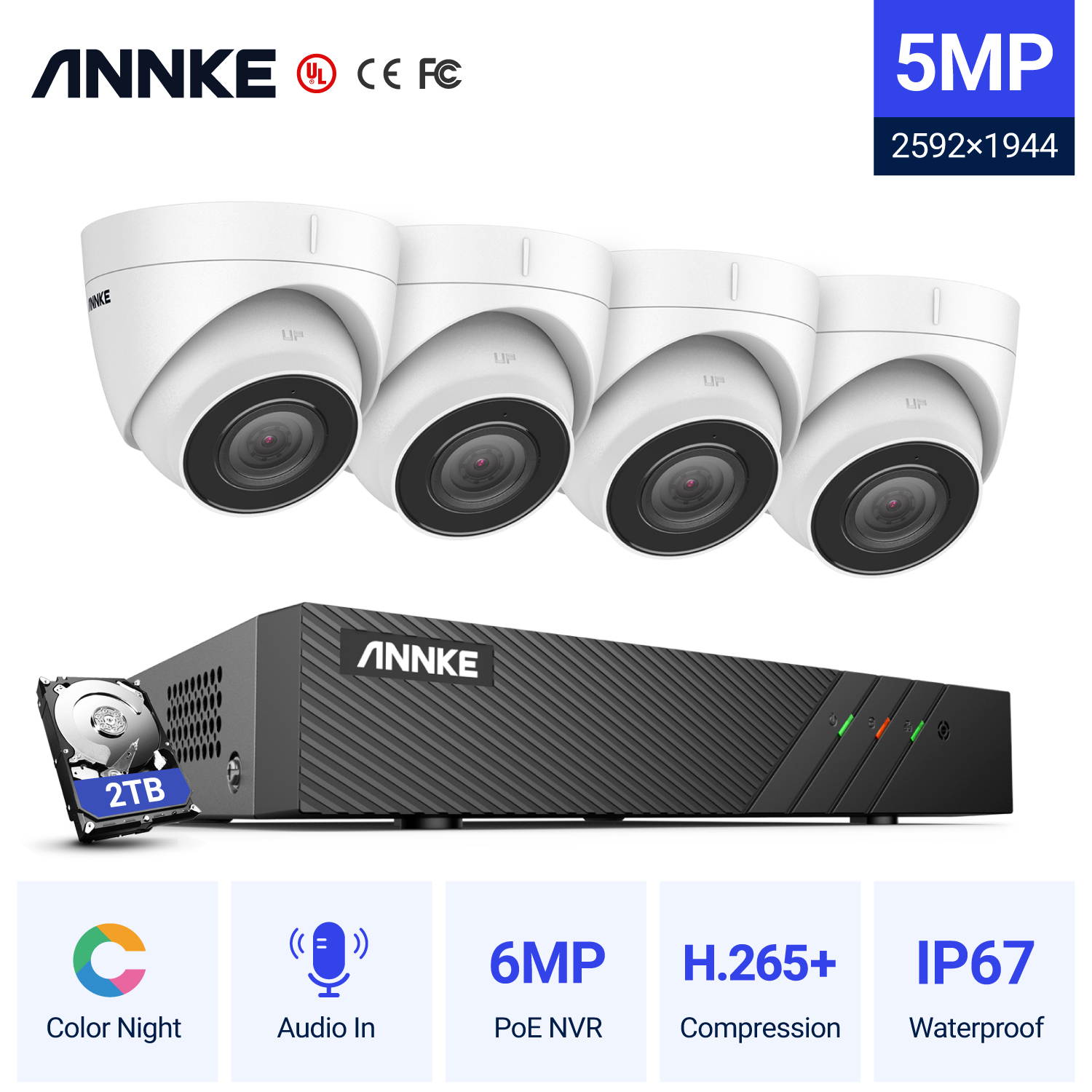 ANNKE 5MP H500 PoE IP Security Camera System with ONVIF Turret Cameras 6MP NVR 100 ft Color Night Vision Mic Remote Access Smart Motion Alerts IP67 Weatherproof with 1 TB