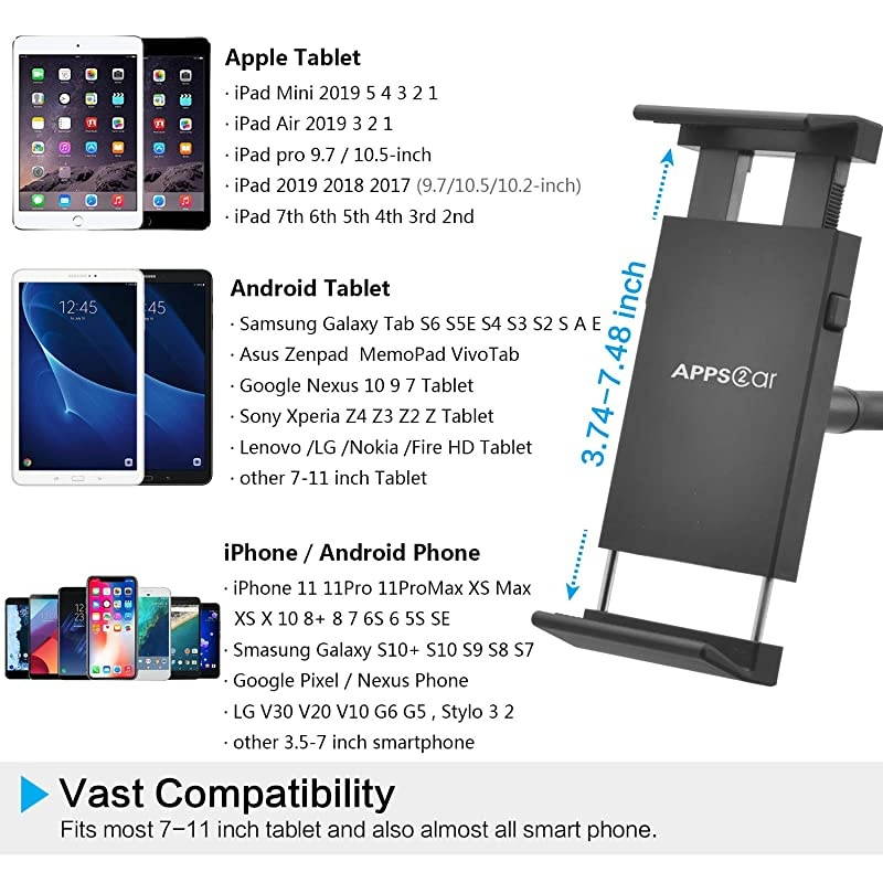 Tablet Car Mount Holder [13" Gooseneck Extension] Long Arm Suction Cup Mount for 7-11 inch Tablet, Cell Phone Holder for SUV Truck Vehicle Lift Uber -  Windshield Window Mount for iPad 2-in-1