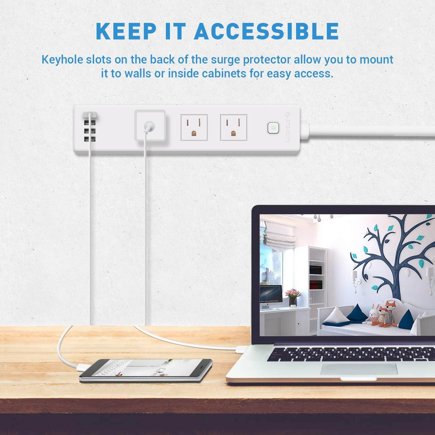 Etekcity 3-Outlet Surge Protector Power Strip with 4 USB Charging Ports, 5610 Joules,6 Ft Long Cord & Mounting Holes, 750? Flame-Retardant, FCC ETL Listed, White (Upgrade Version)
