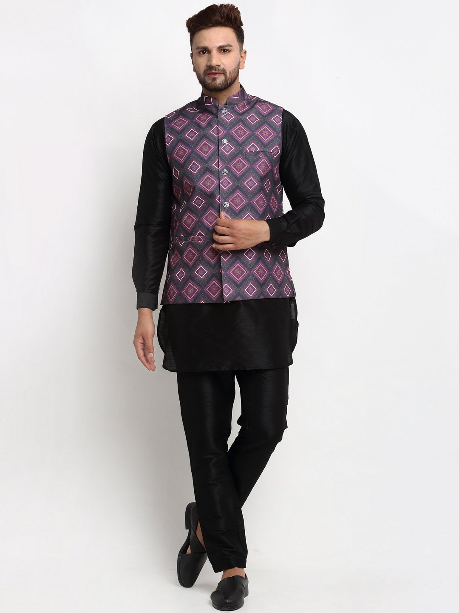 Benstoke Black & Purple Regular Fit Geometric Kurta Set With Jacket