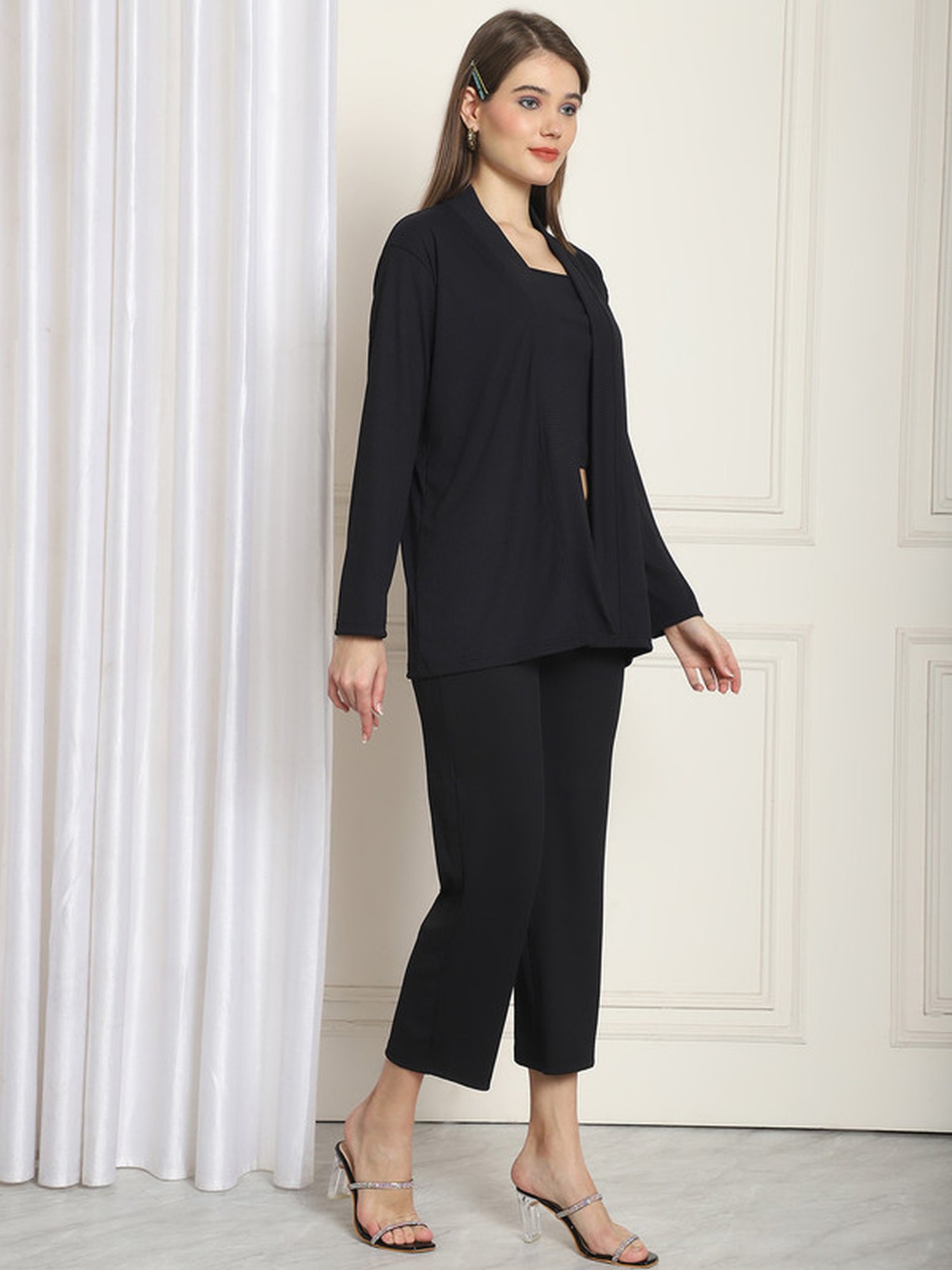 NEUDIS Black Striped Crop Top Trousers Set With Shrug