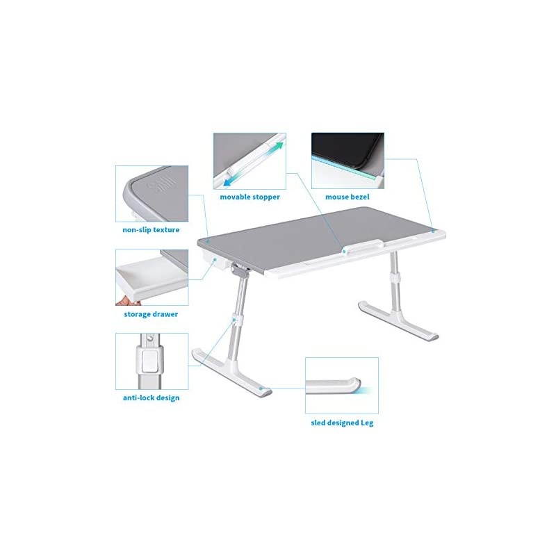 Laptop Bed Tray Table  Adjustable PVC Leather Laptop Bed Table Portable Standing Desk with Storage Drawer Foldable Lap Tablet Table for Sofa Couch Floor GrayLarge