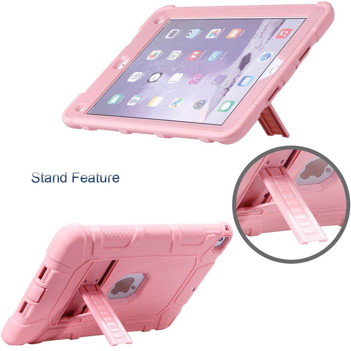 New iPad 9.7 2017 Case, Newshine [Kickstand] 3 In 1 Heavy Duty Armor Defender Shockproof PC & Soft Silicone Hybrid Protective Case Cover for Apple New iPad 9.7 inch 2017 Tablet (ZQ Pink+Pink)