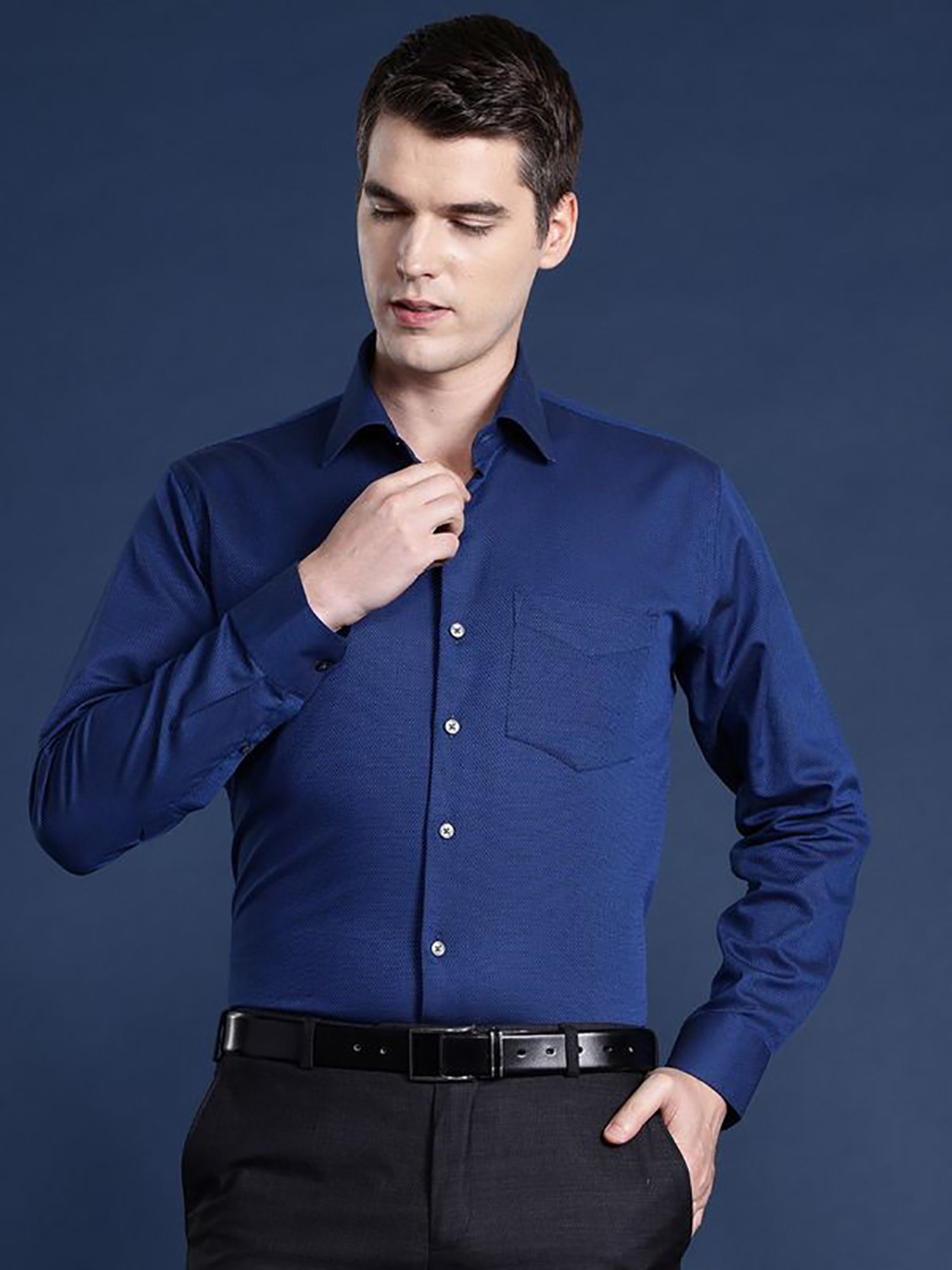 Hancock Navy Cotton Slim Fit Solid Shirts