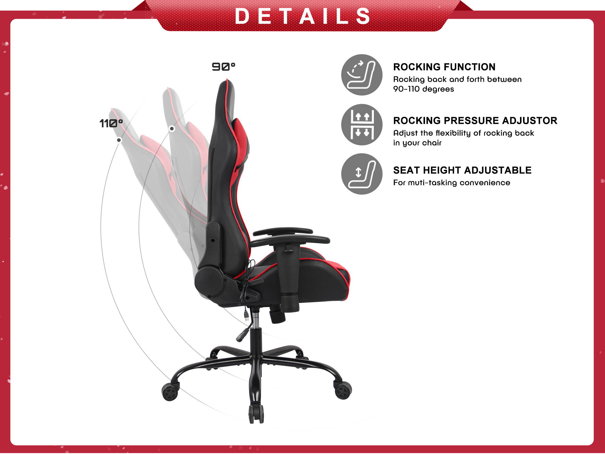 RIMIKING Massage Racing High Back Ergonomic  Computer Gaming Chair  Soft Headrest&Backrest Desk Chair Swivel Adjustable Armrest  Office Chair