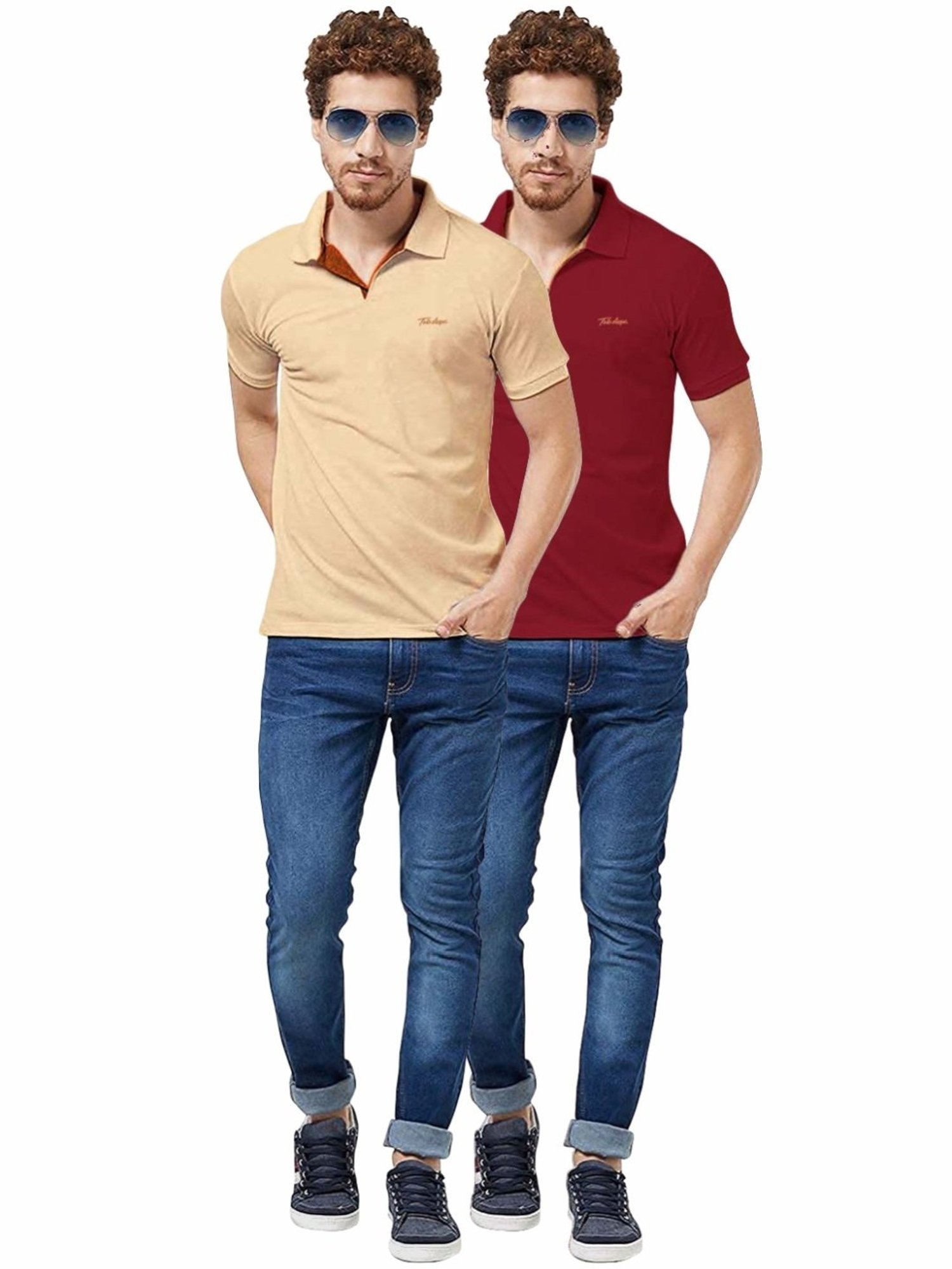 Tab91 Beige & Maroon Regular Fit Printed Polo T-Shirts