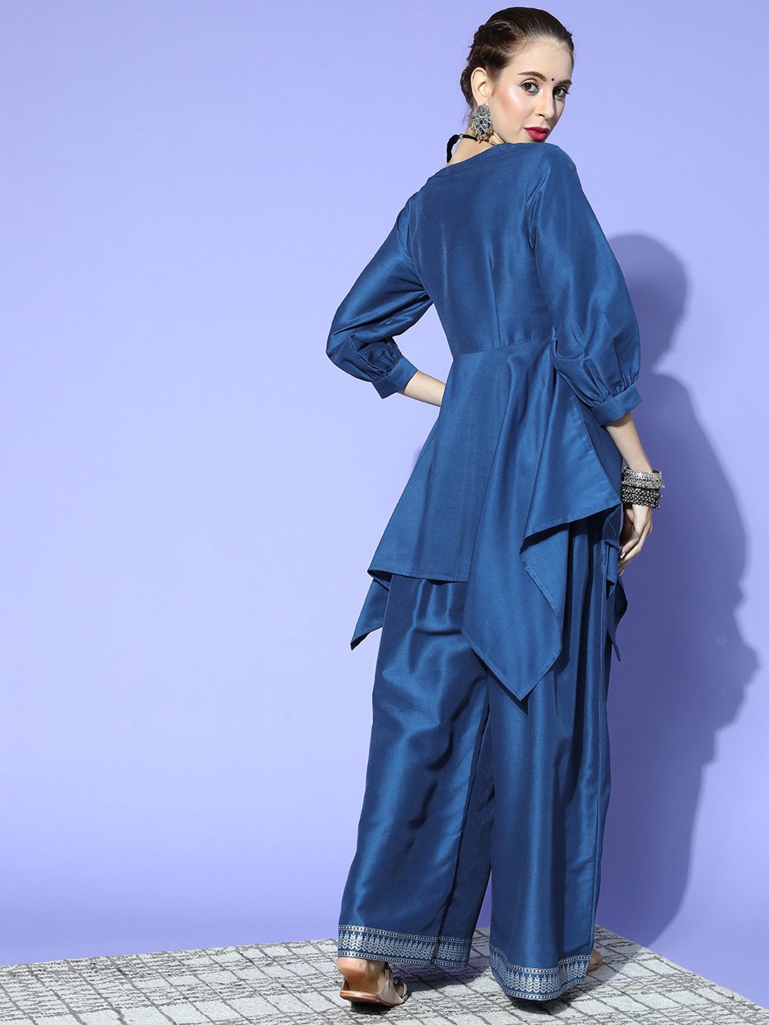 Ziyaa Blue Floral Print Kurti Palazzo Set