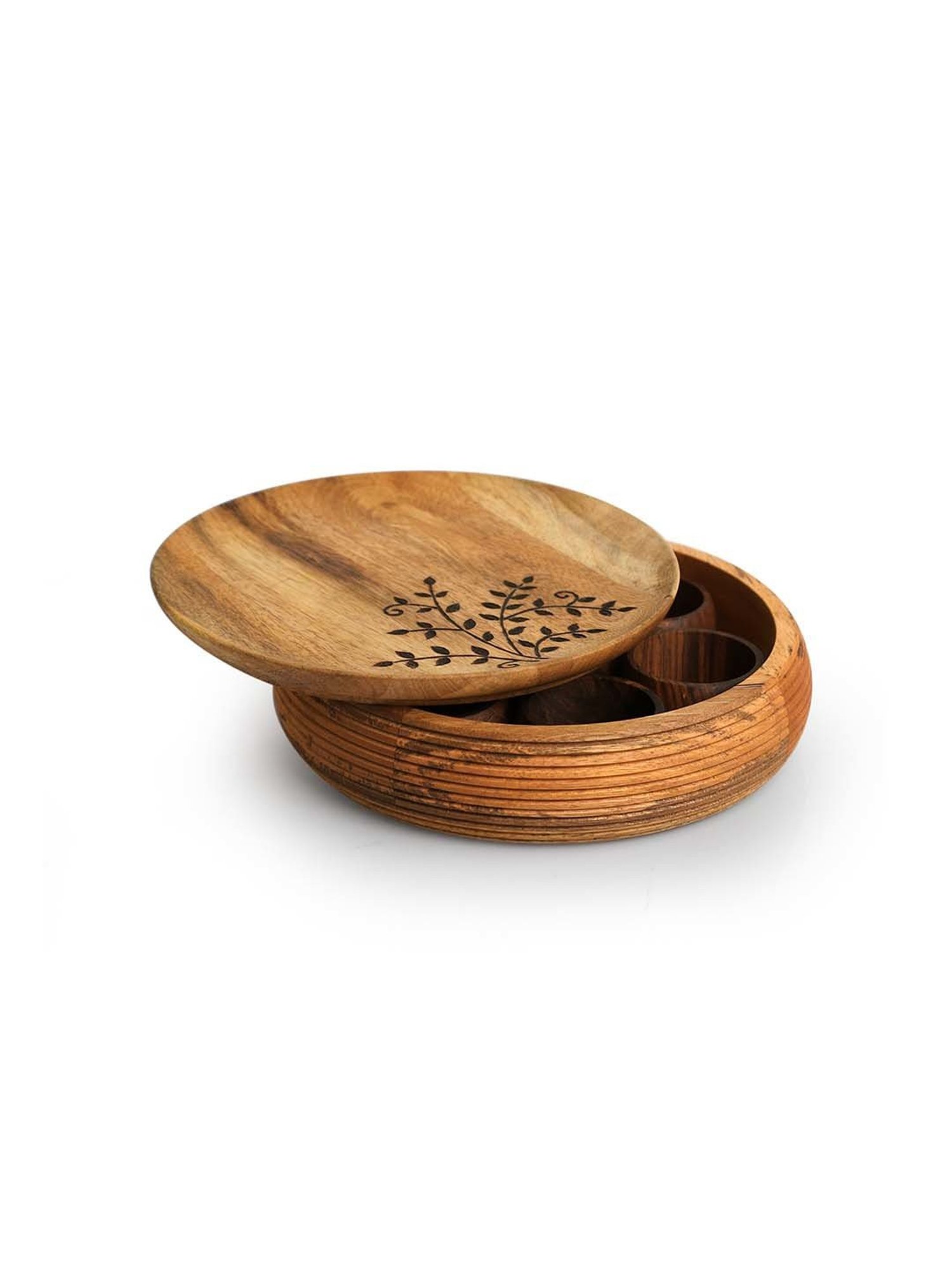 ExclusiveLane Light Brown Mango Wood Burnt Leaf Handcrafted Spice Box with Spoon & Containers