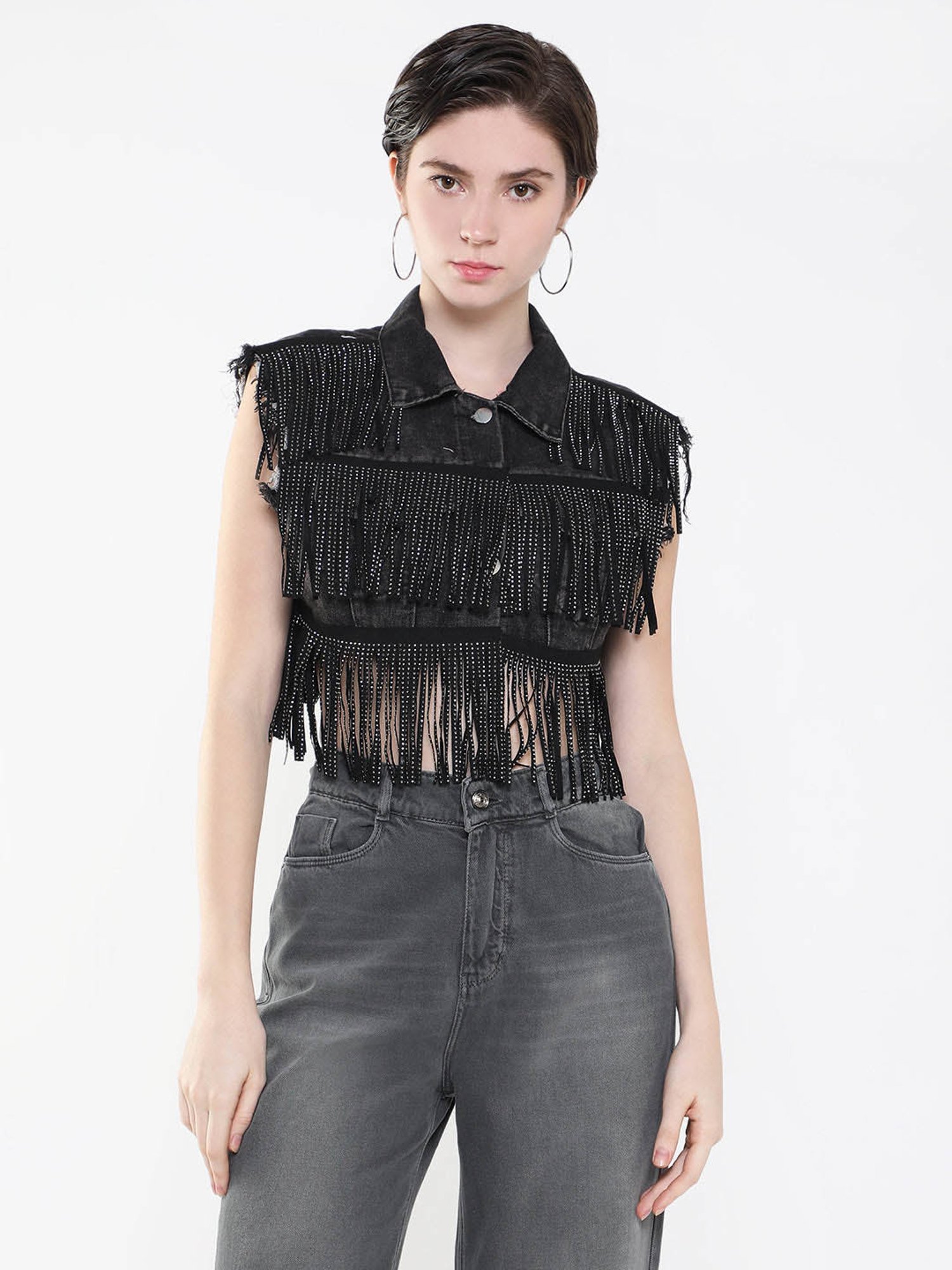 SHOWOFF Black Embellished Crop Denim Jacket