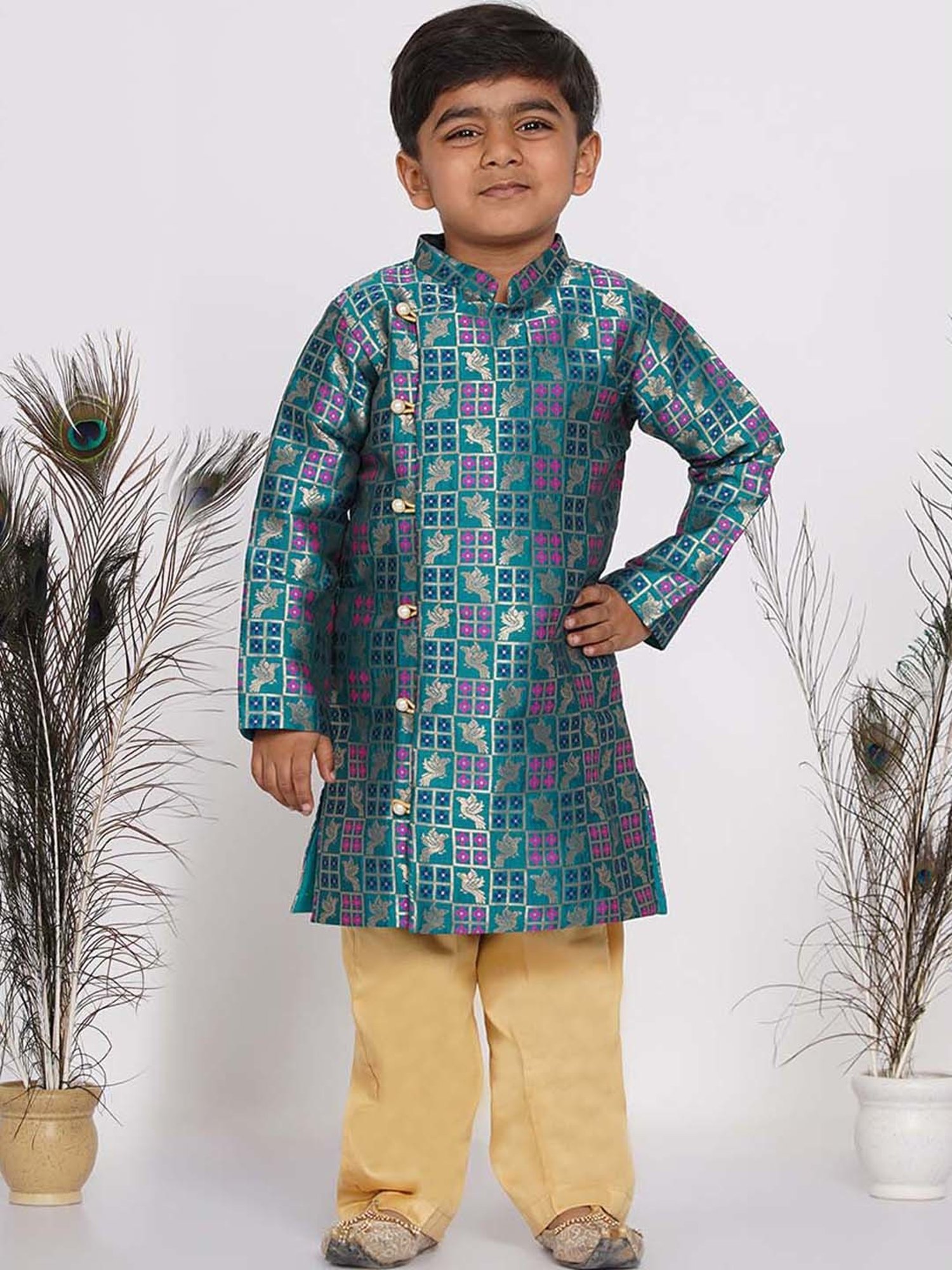 Little Bansi Kids Green & Beige Cotton Printed Full Sleeves Kurta Set