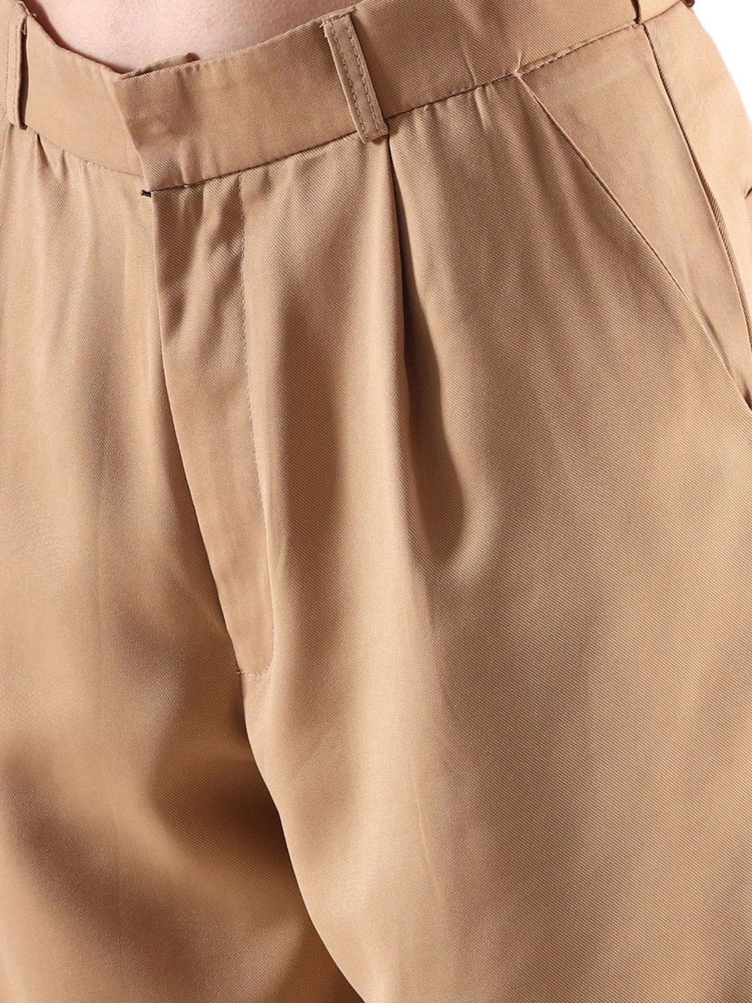 FITHUB Beige Regular Fit High Rise Trousers