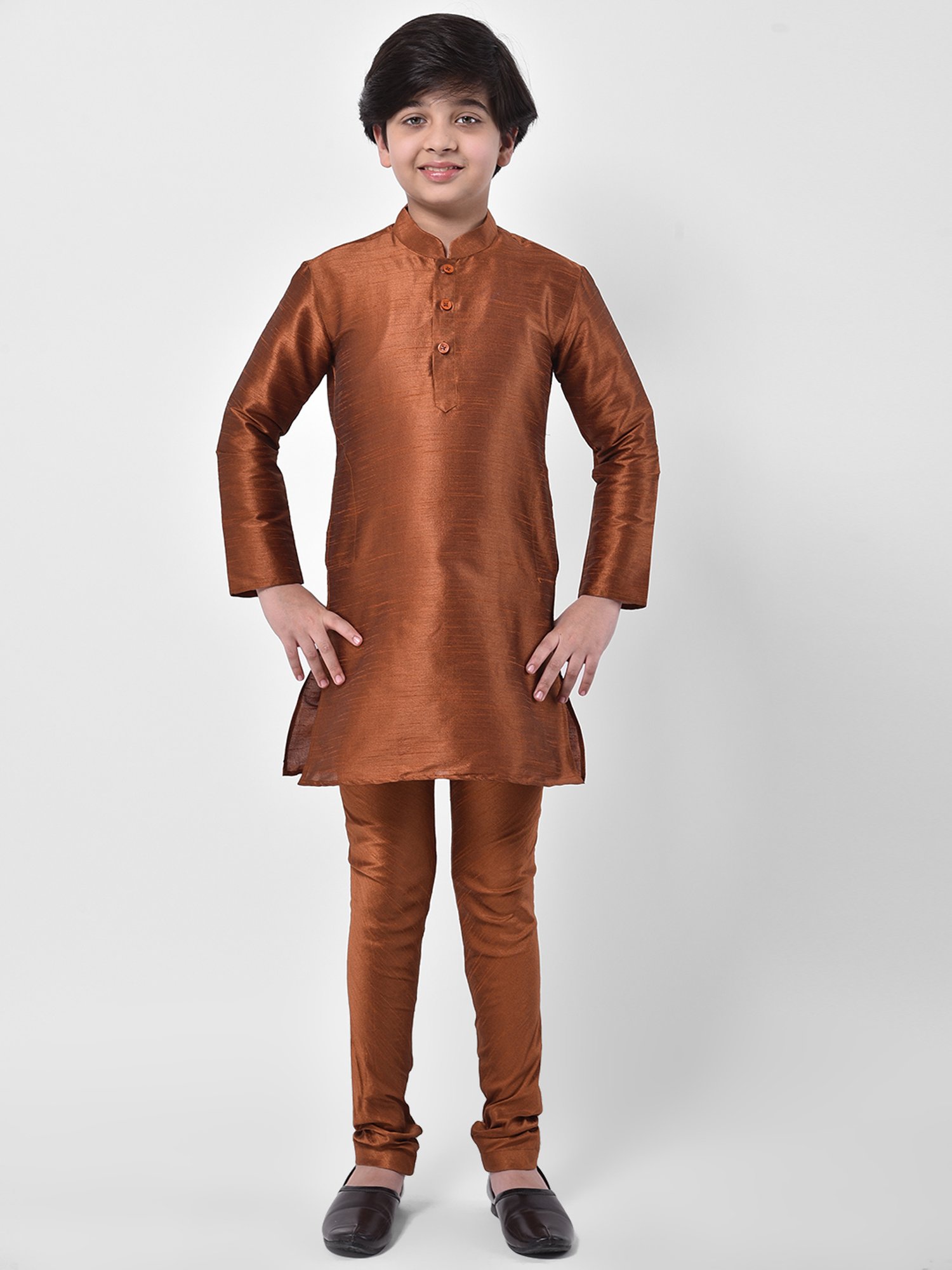 Deyann Kids Brown & Off White Self Design Full Sleeves Kurta, Churidar Pants with Nehru Jacket