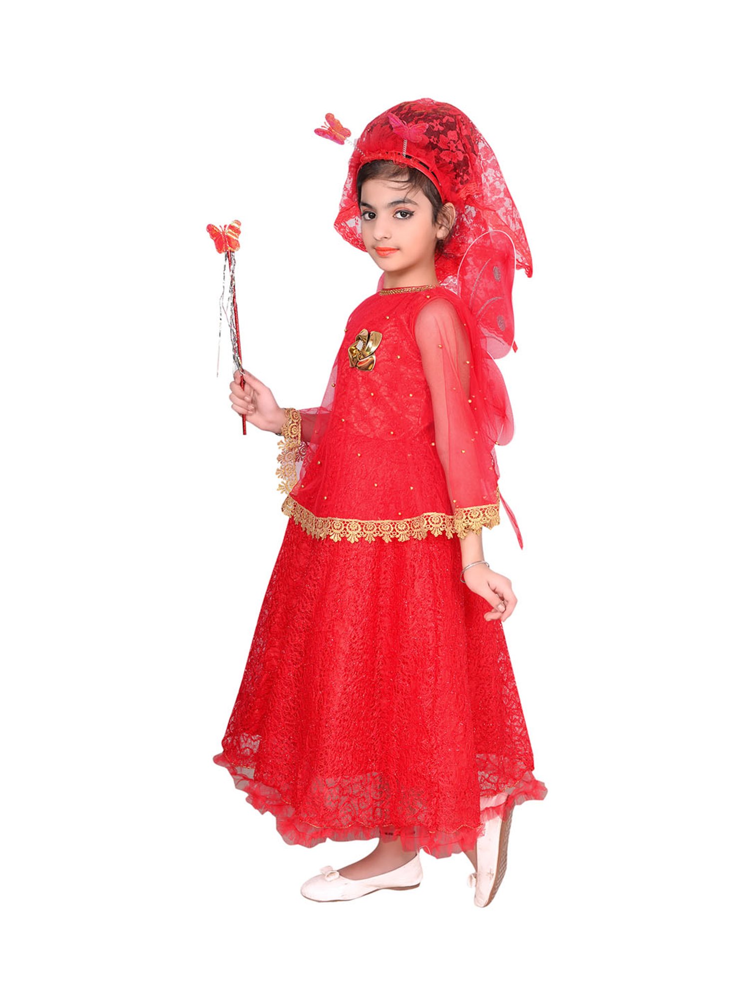 Ahhaaaa Kids Red Embellished Dress, Wings, Hair Band with Fairy Stick