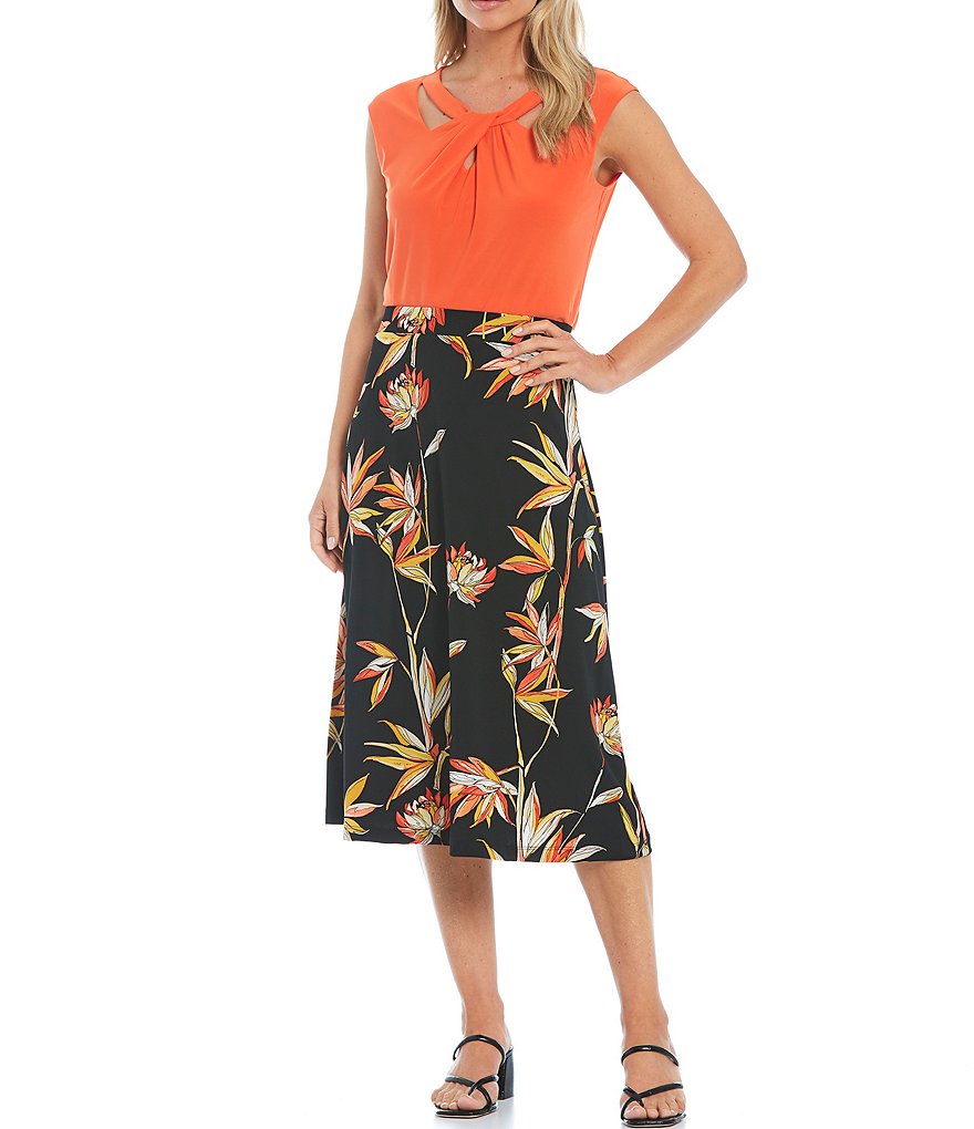 Kasper Petite Size Birds Of Paradise A-Line Flared Skirt
