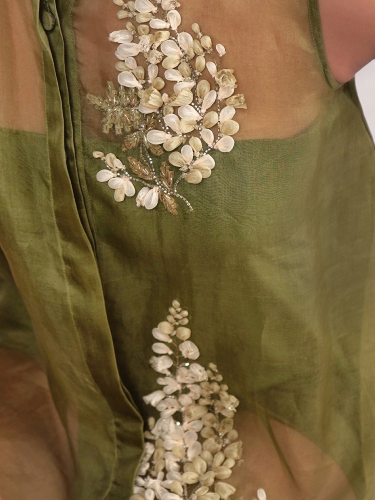 Seesa Green Spring Summer Aloe Organza Overshirt With Embroidery Details