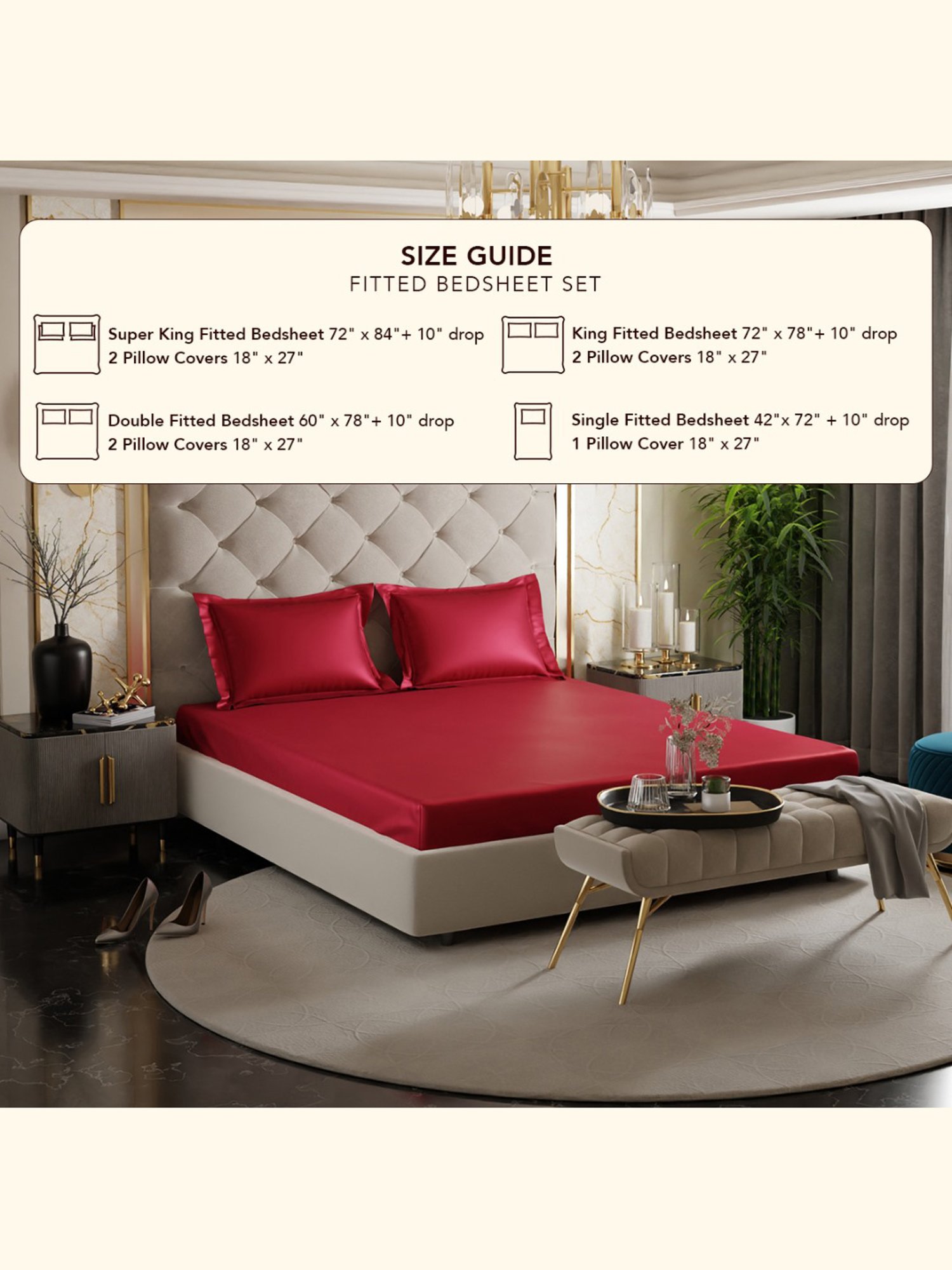 Stoa Paris Red 300 TC Polyester Super King Fitted Sheet with 2 Pillow Covers