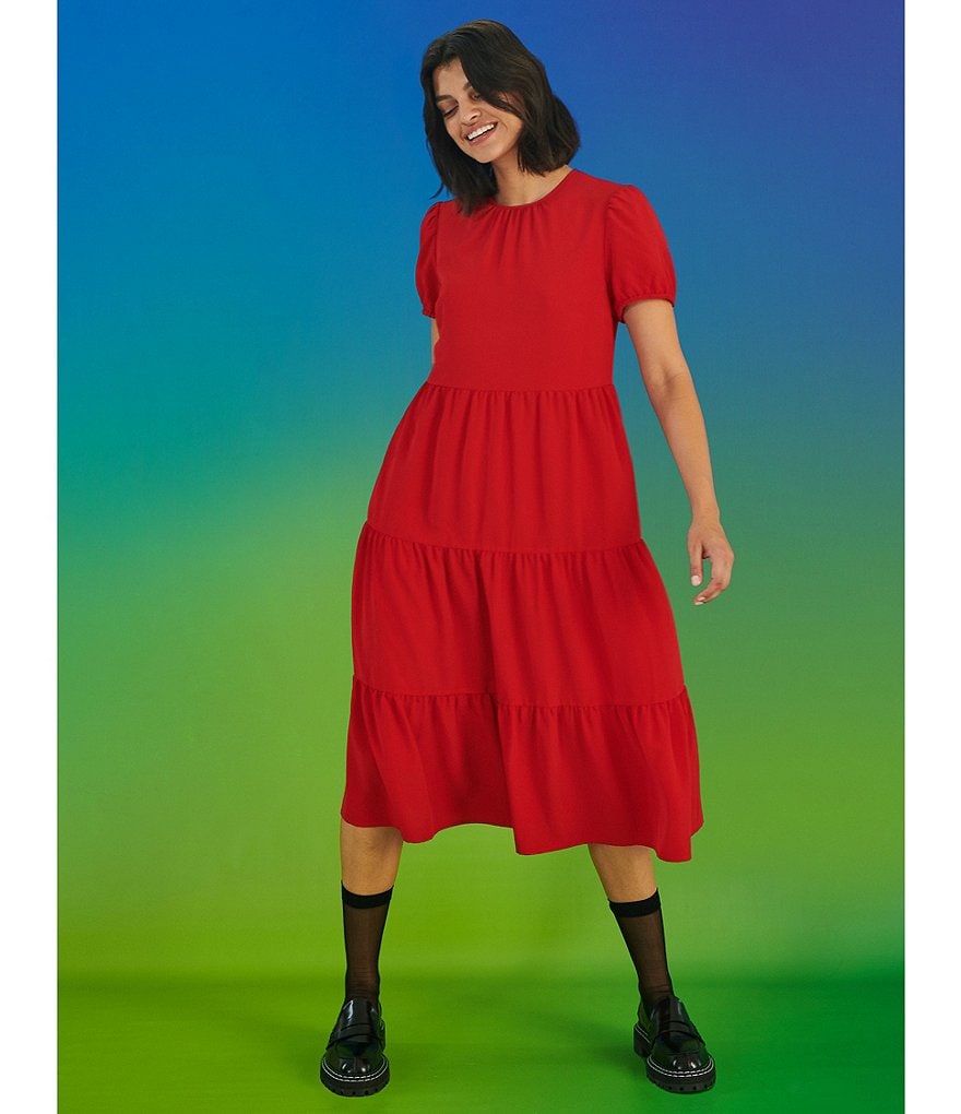 LDT Fiona Round Neck Short Sleeve Tiered Midi Dress