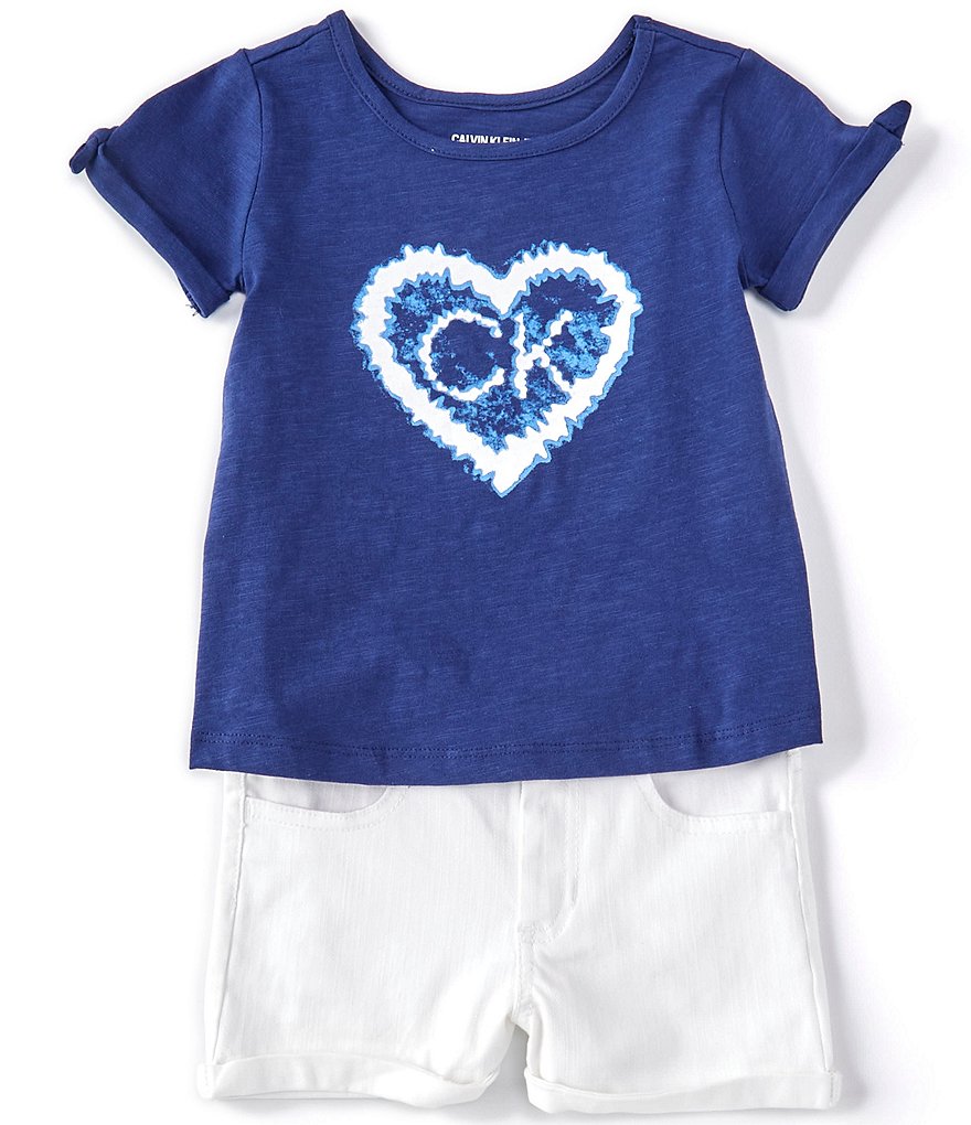 Calvin Klein Little Girls 2T-6X Short-Sleeve Heart-Graphic Tee & Shorts Set