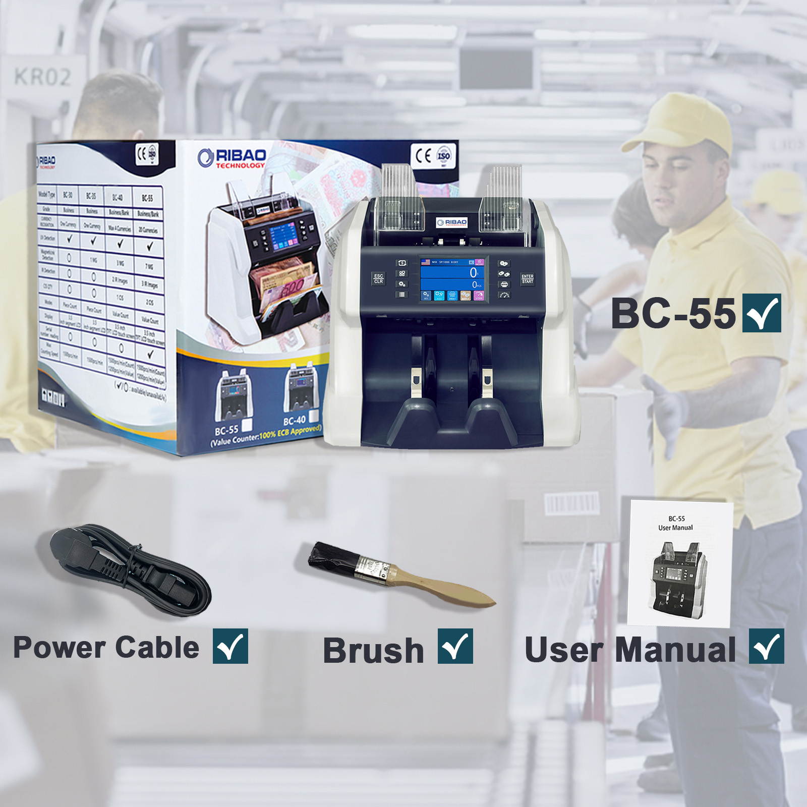 RIBAO BC-55 Premium Bank Grade  Money Counter Machine Multi Currency Mixed Denomination Bill Cash Value Counter 2 CIS/UV/MG/MT/IR  Serial Number Recording Two-Year Warranty FCC Approved