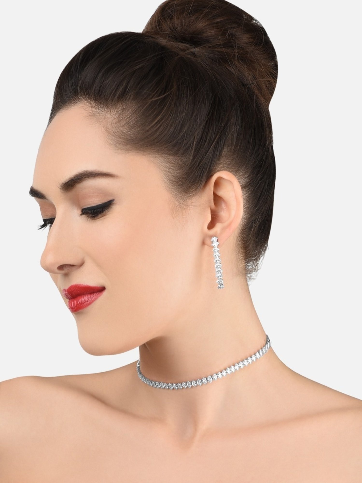 Zaveri Pearls Silver Tone Marquise Shaped Cubic Zirconia Necklace, Earring & Bracelet Set