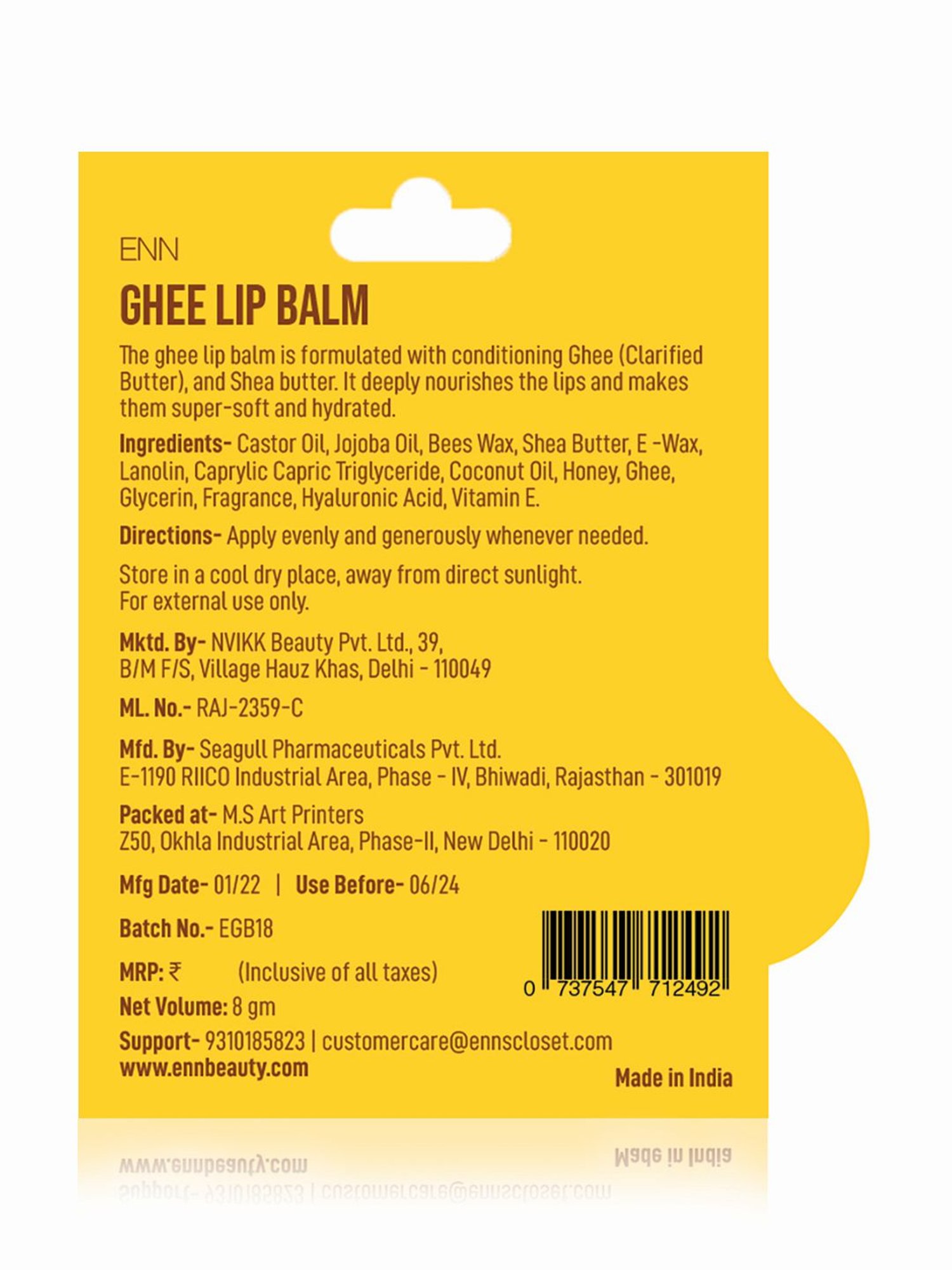 ENN Ghee Lip Balm with Honey & Vitamin E, 24 hours hydration, Soft lips, Prevents Drying - 8 gm