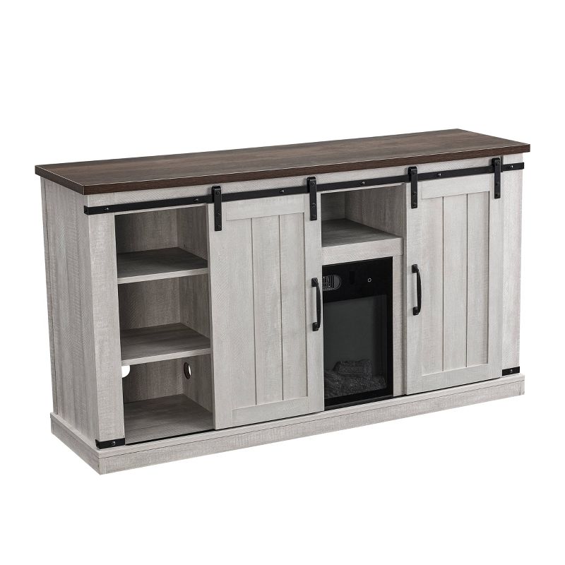 54" Sliding Doors TV Stand For TVs up to 60" with Electric Fireplace Saw Cut Off White - Home Essentials