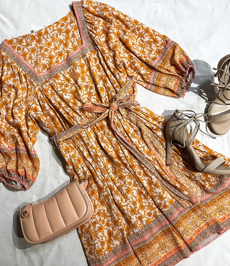 A Loves A Belted Floral Border Print Square Neck Short Puff Sleeve Dress