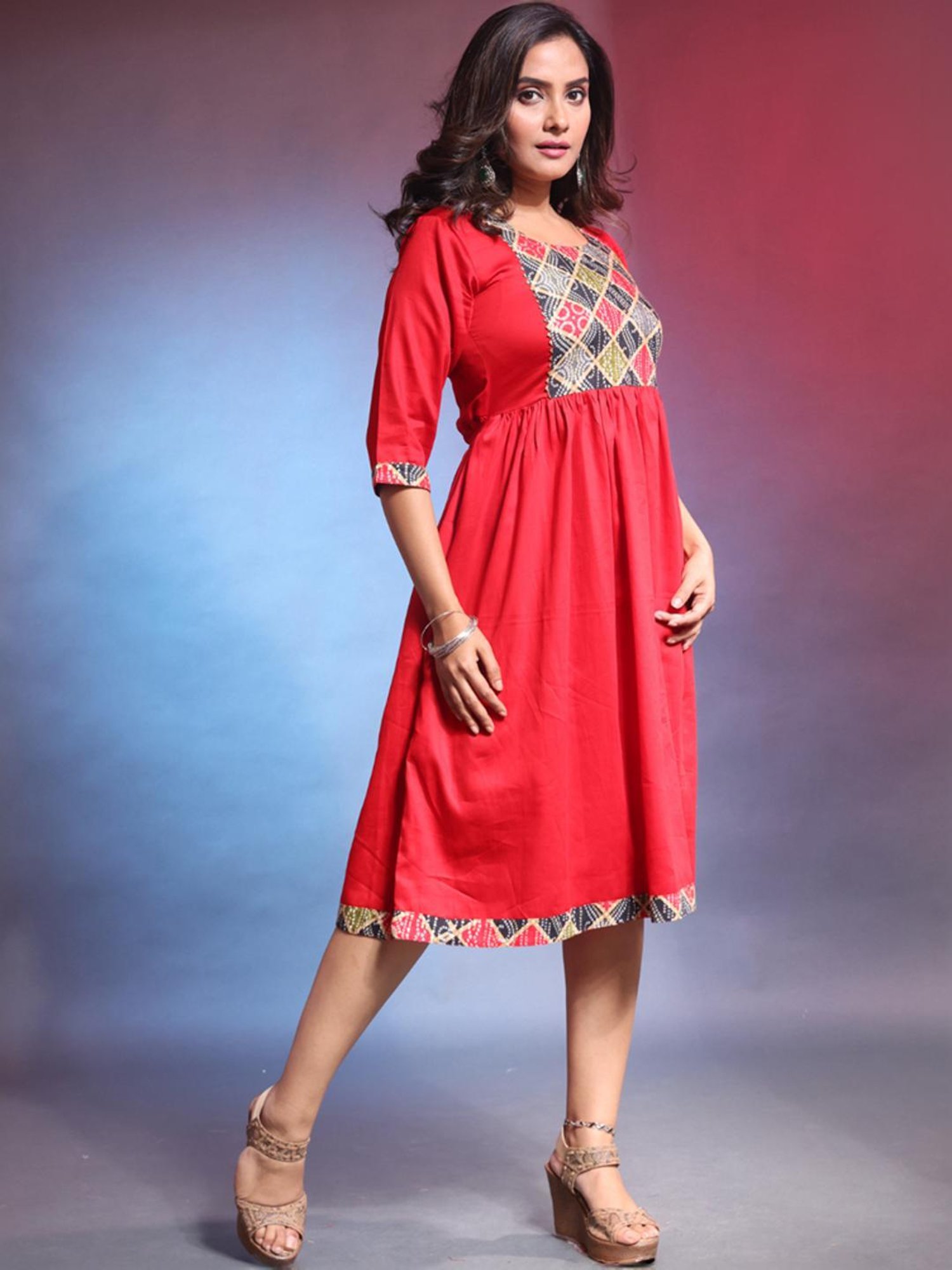 Charukriti Red Printed A-Line Dress