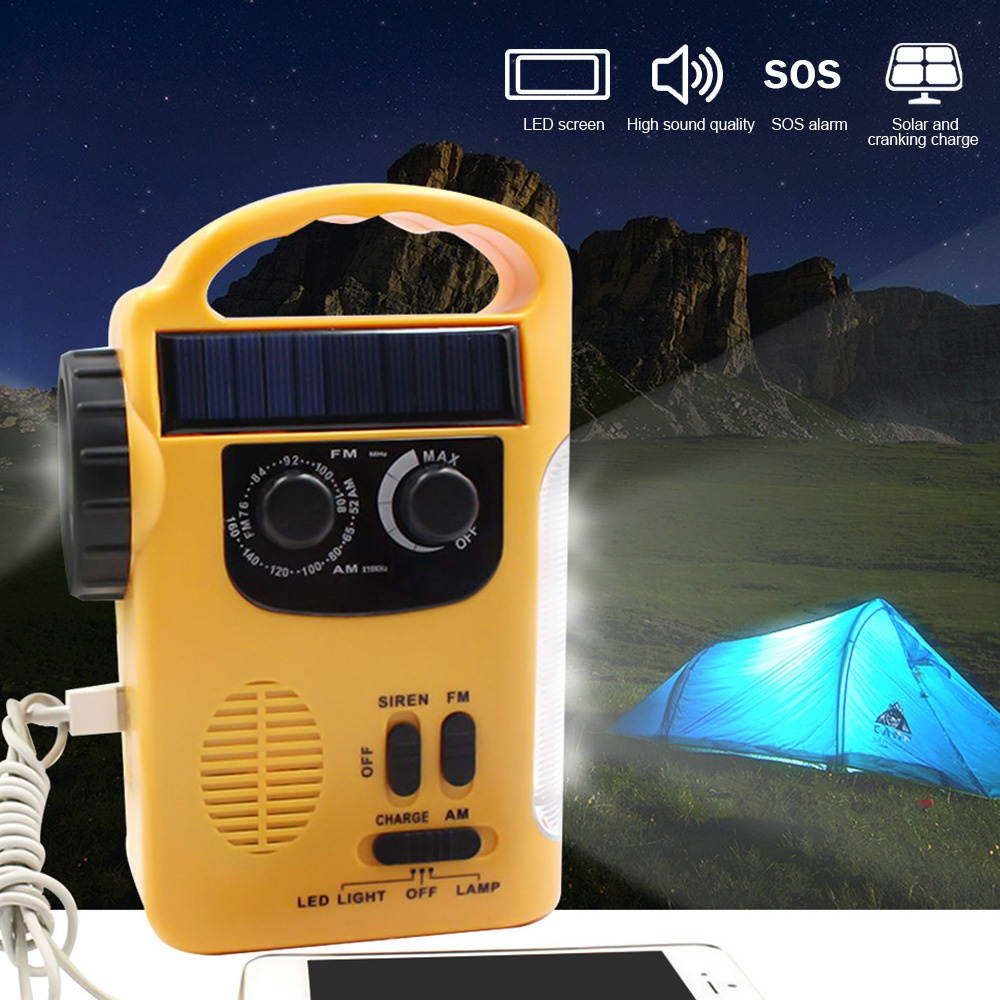 Multiple Use Solar Powered Hand Radio 5LED Flashlight 8LED Reading Light USB Charging Emergency Charger Emergency Alarm