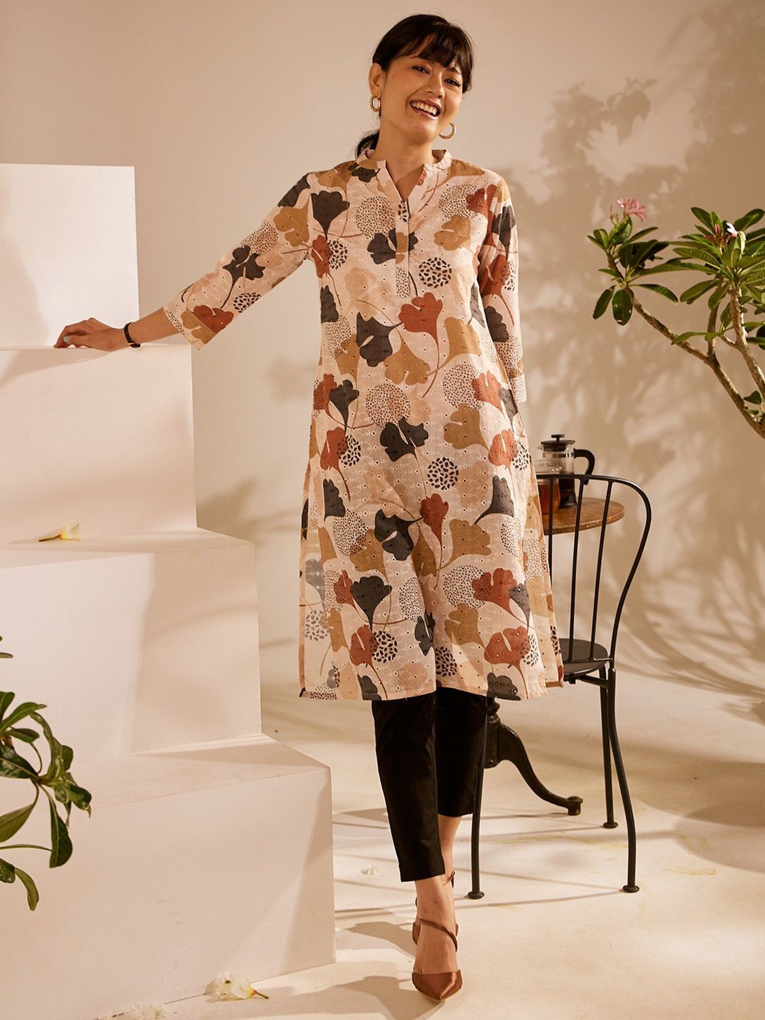 Daali Beige Schiffli Mandarin Collar 3/4 Sleeves Kurta with Two Pockets