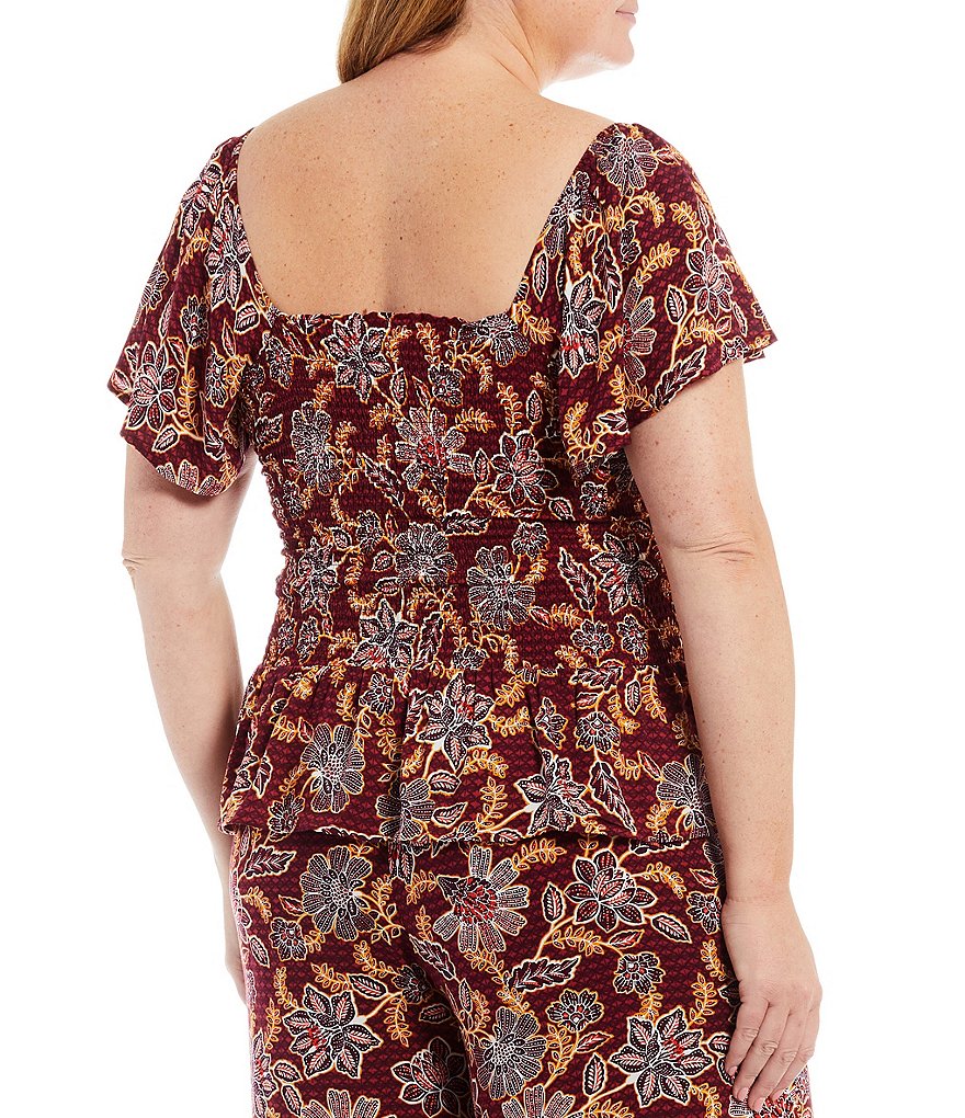 Jessica Simpson Plus Size Marie Red Dahlia Moroccan Print Square Neck Flutter Short Sleeve Smocked Top