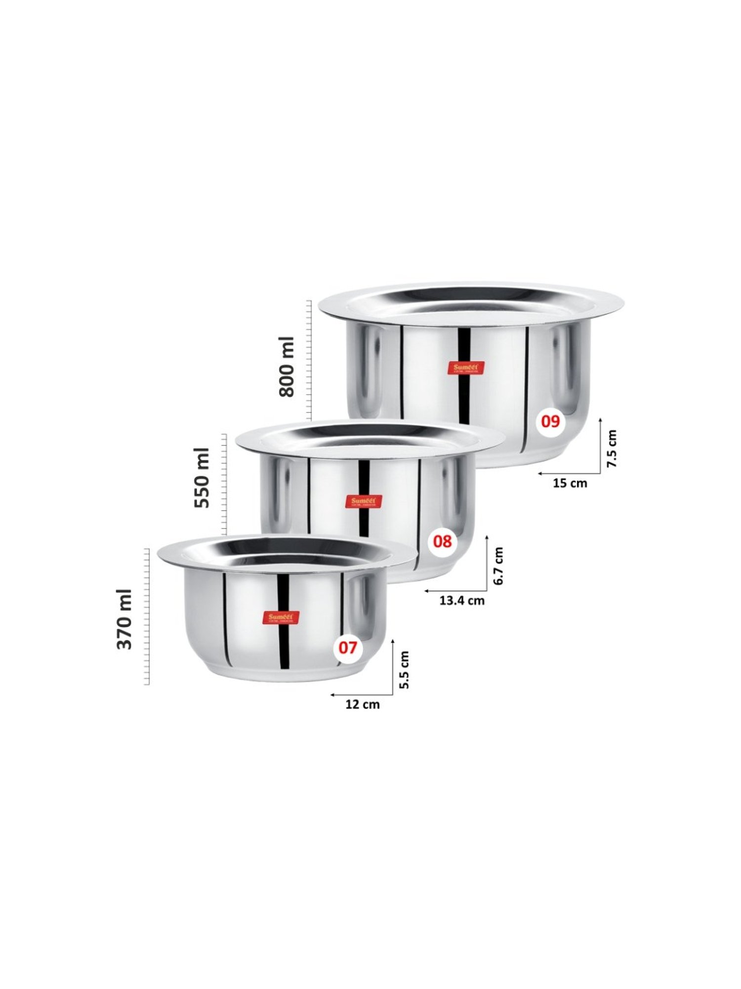 Sumeet S.S.Flat Bottom Induction&Gas Stove Friendly Tope Set of 3Pc with Lids(370ML,550ML,800ML)
