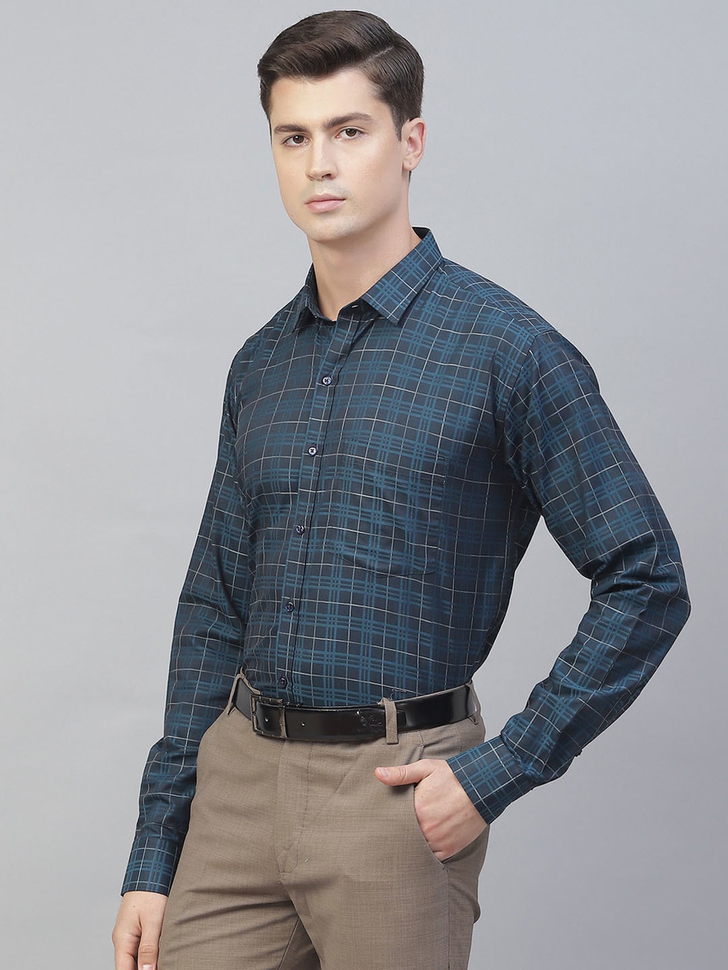 ManQ Teal Cotton Regular Fit Checks Shirt