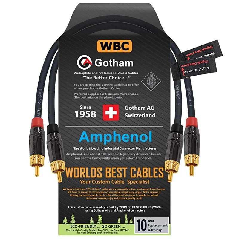 Foot RCA Cable Pair Gotham GAC4Black StarQuad Audio Interconnect Cable with Amphenol ACPL Black Chrome Body Gold Plated RCA Connectors Directional