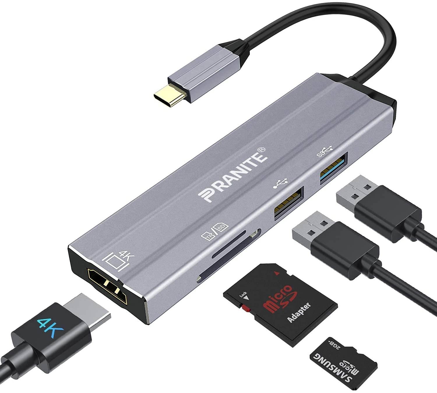 USB C Hub Multiport AdapterPRANITE 6-in-1 Portable Aluminum Dongle Docking Station with 4K 30Hz HDMI OutputUSB3.0/2.0 SD Card Reader Compatible for MacBook and More Type C Devices(Space Gray)