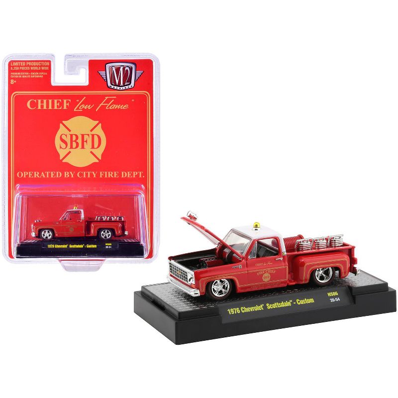 1976 Chevrolet Scottsdale Custom Square Body Fire Truck Red Fire Chief "Low Flame" "SBFD" Ltd Ed 8250 pcs 1/64 Diecast Model Car by M2 Machines