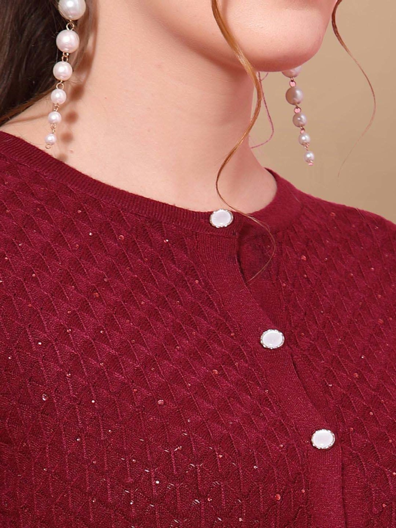 Mafadeny Maroon Embellished Cardigan