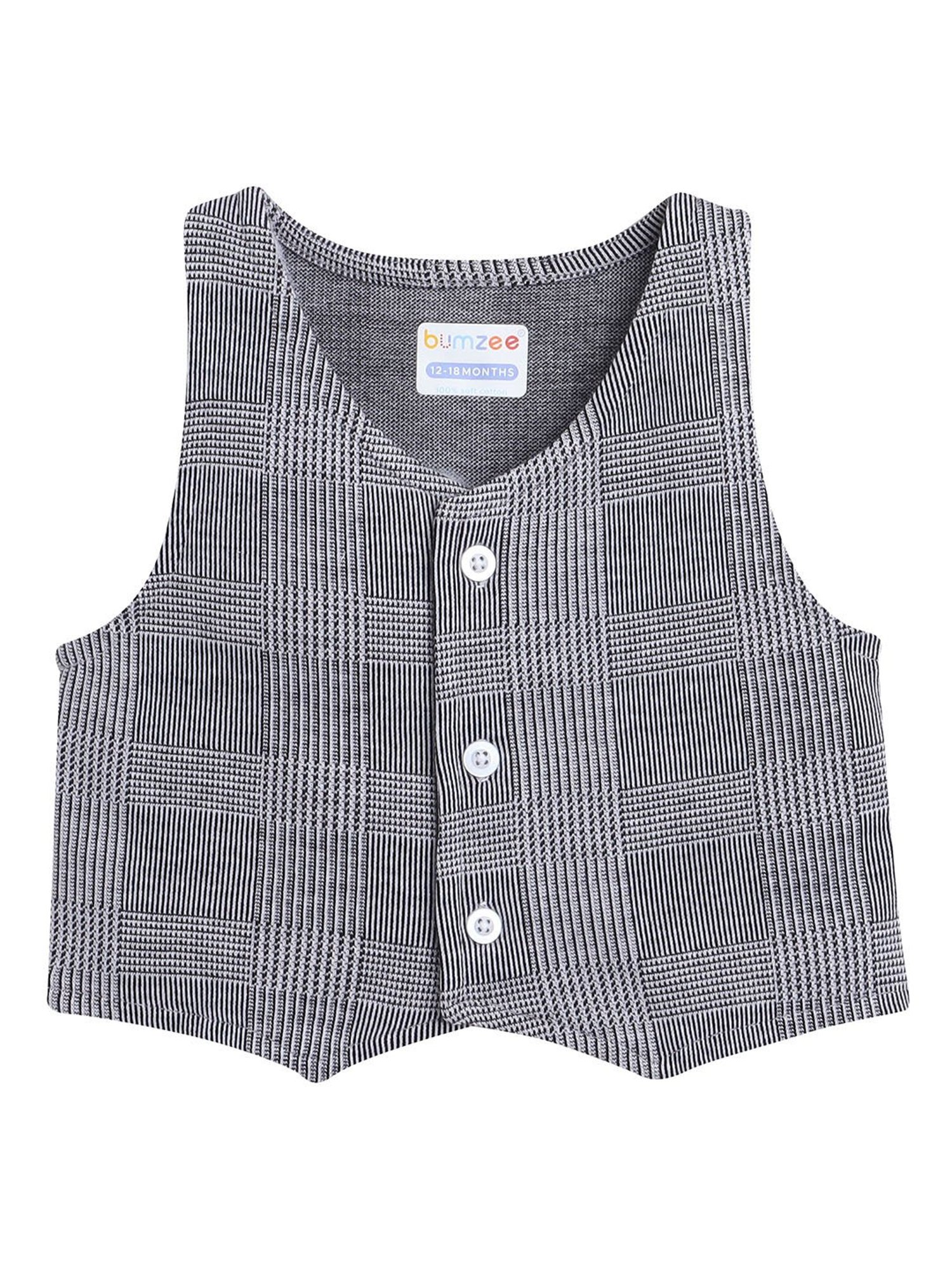 Bumzee Kids Grey & White Checks Full Sleeves Shirt, Waistcoat with Pants