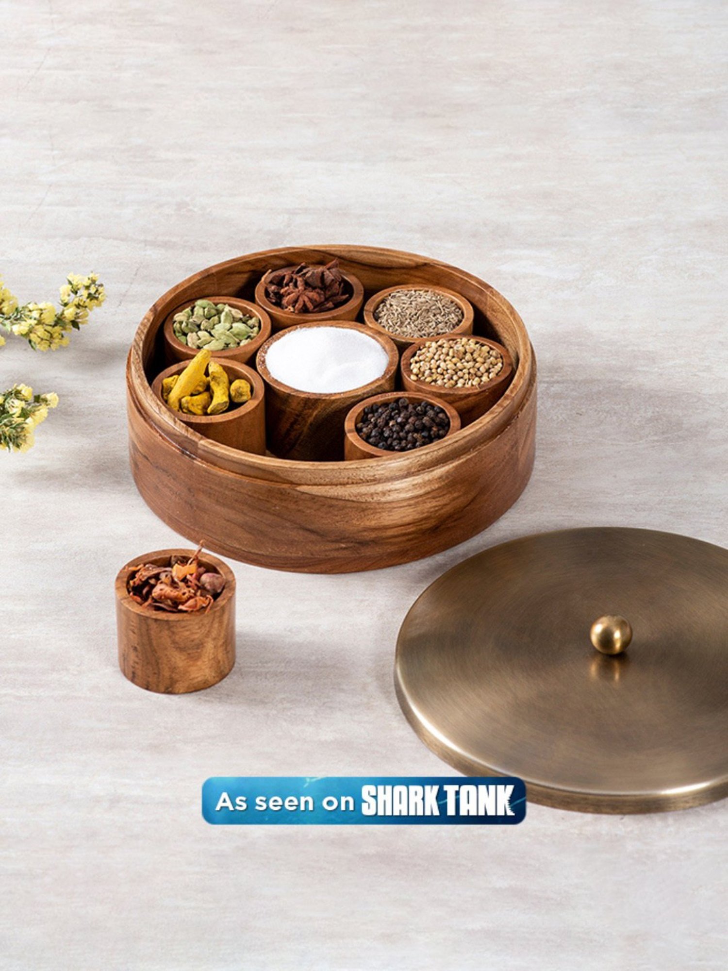 Nestroots Solid Brown & Copper Teak Wood Masala Box with Lid