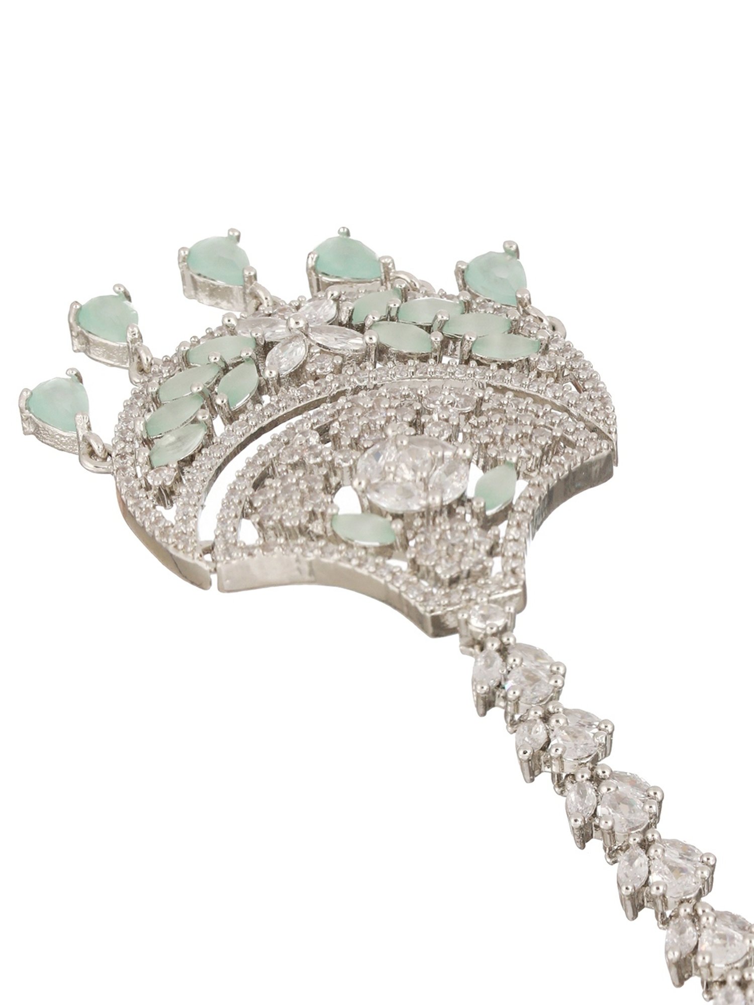 Priyaasi Mint Green Floral American Diamond Silver-Plated Maangtikka