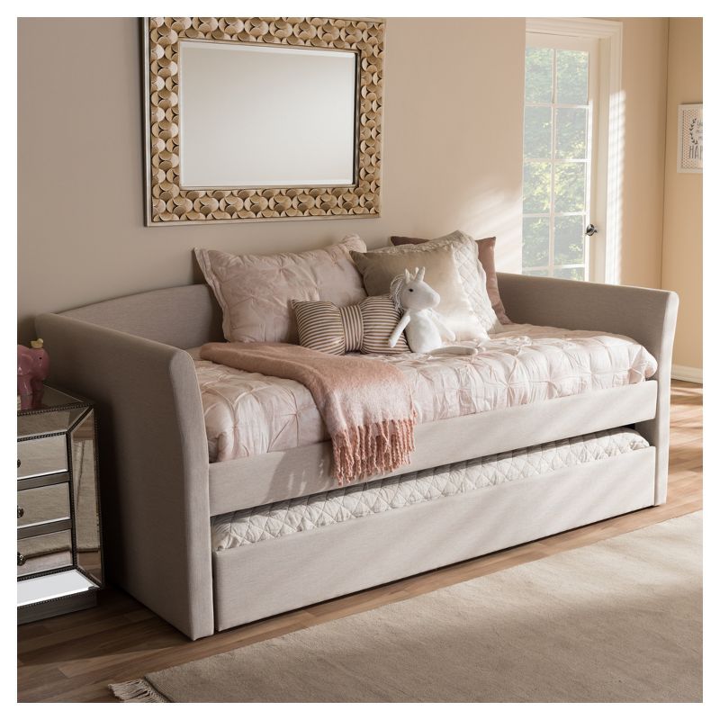 Camino Modern and Contemporary Fabric Upholstered Daybed with Guest Trundle Bed - Twin - Beige - Baxton Studio