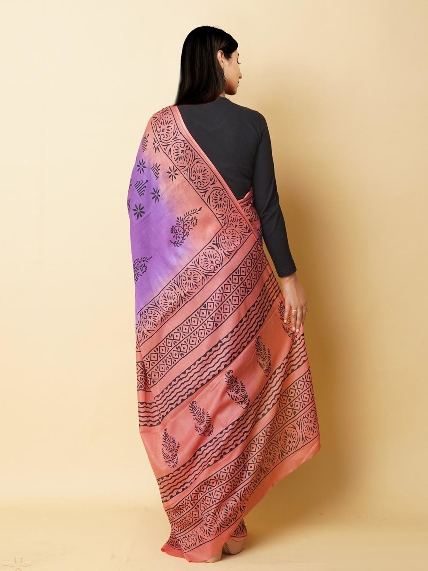 Unnati Silks Purple & Brown Cotton Printed Saree With Unstitched Blouse