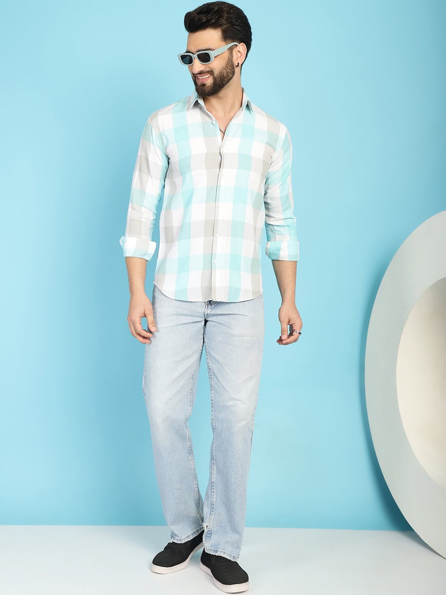 Indian Needle Sky Blue Regular Fit Check Cotton Shirt