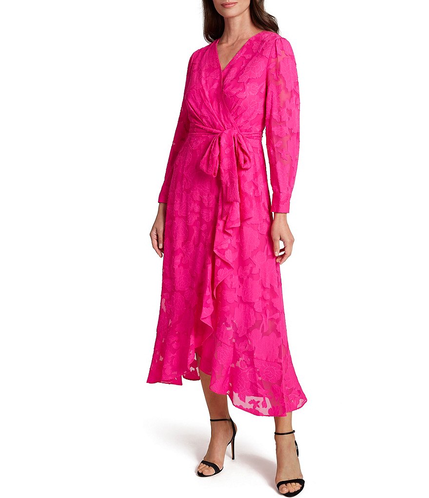 Tahari ASL Floral Burnout Faux Wrap Long Sleeve Ruffle Front Midi Dress